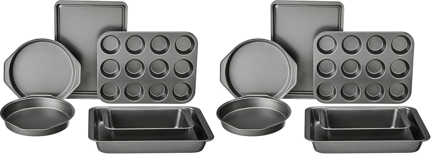 Amazon Basics 6 Piece Nonstick, Carbon Steel Oven Safe Bakeware Set with Cake, Muffin, Cookie, and Loaf Pans, 6 Piece, 16.25 x 11.75 x 6.25 inches
