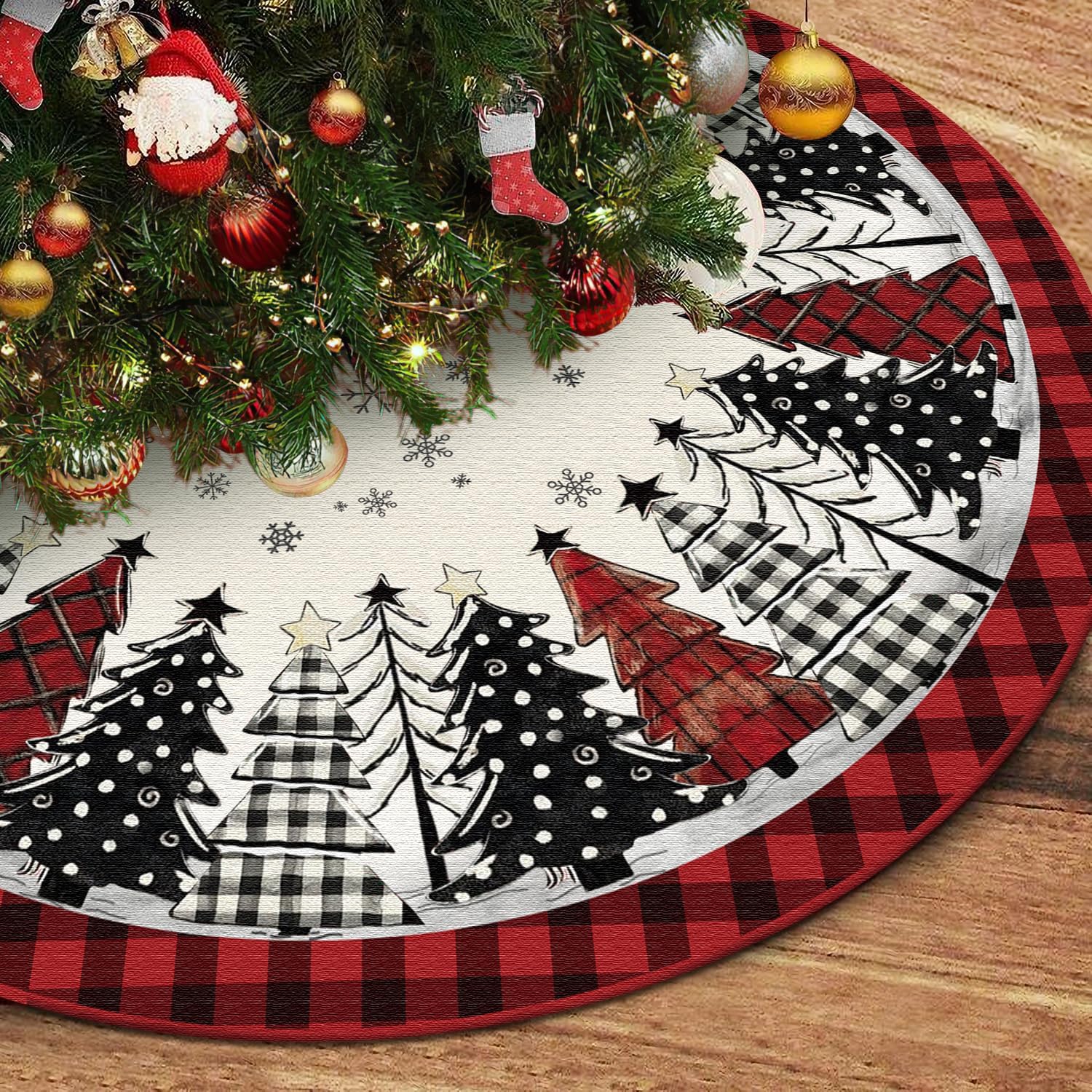 Christmas Tree Skirt 48 Inch, Red and Black Buffalo Plaid Xmas Tree Skirt, Winter Christmas Tree Mat for Home Party Holiday Indoor Outdoor Decorations