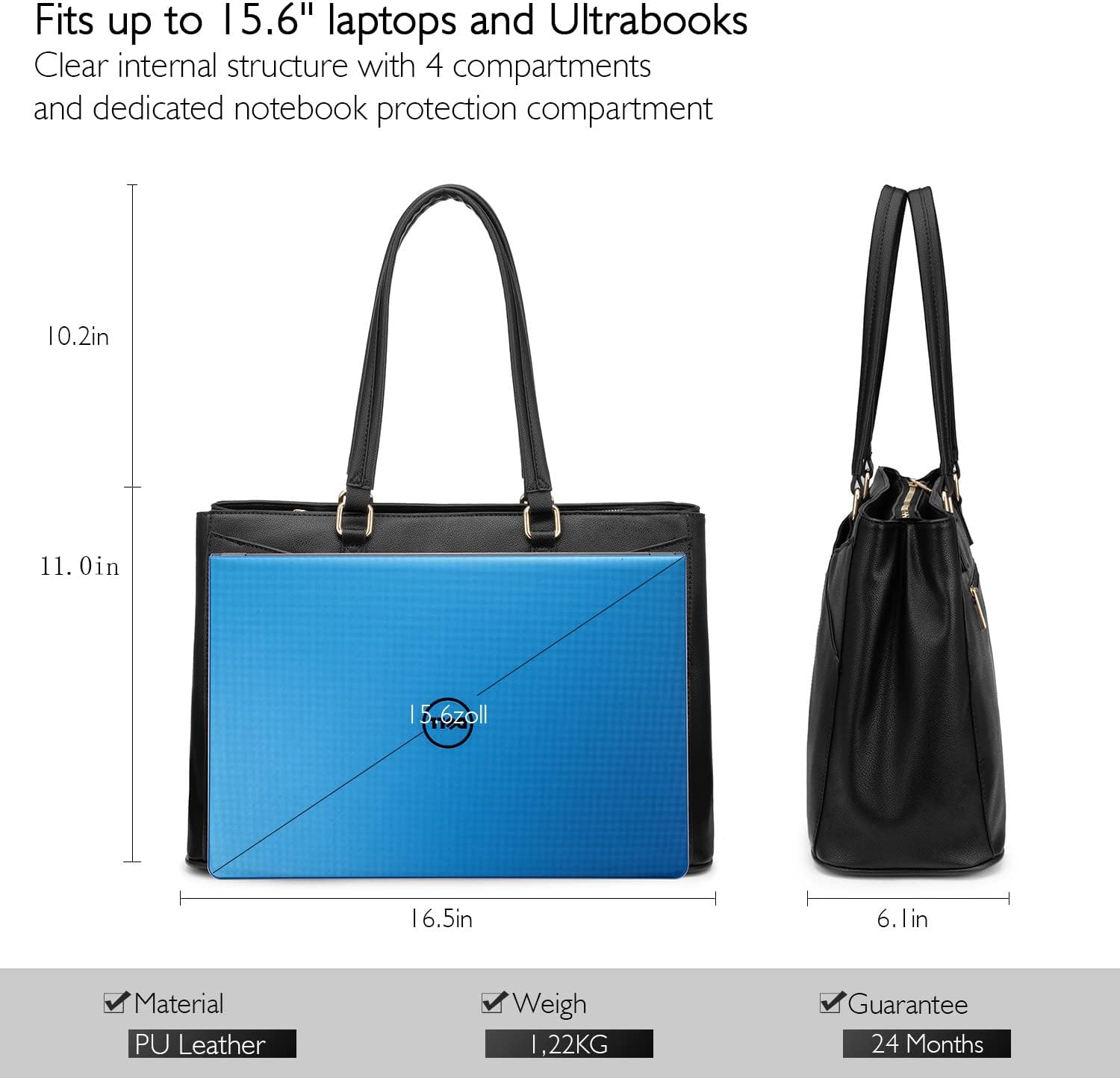 LOVEVOOK Laptop Tote Bag for Women 15.6 Inch Waterproof Leather Computer Bags Business Office Work Briefcase Black