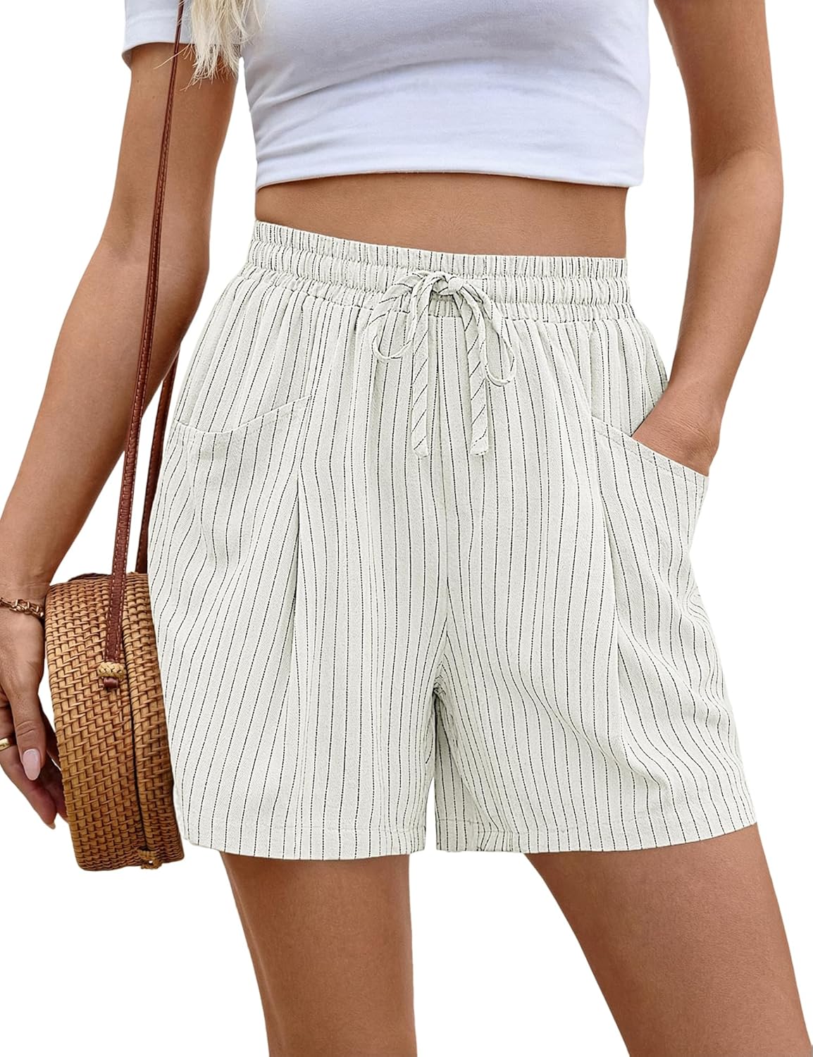 AKEWEI Linen Shorts Women Casual Wide Leg High Waisted Summer Pants Comfy Elastic Waist Drawstring Shorts with Pockets