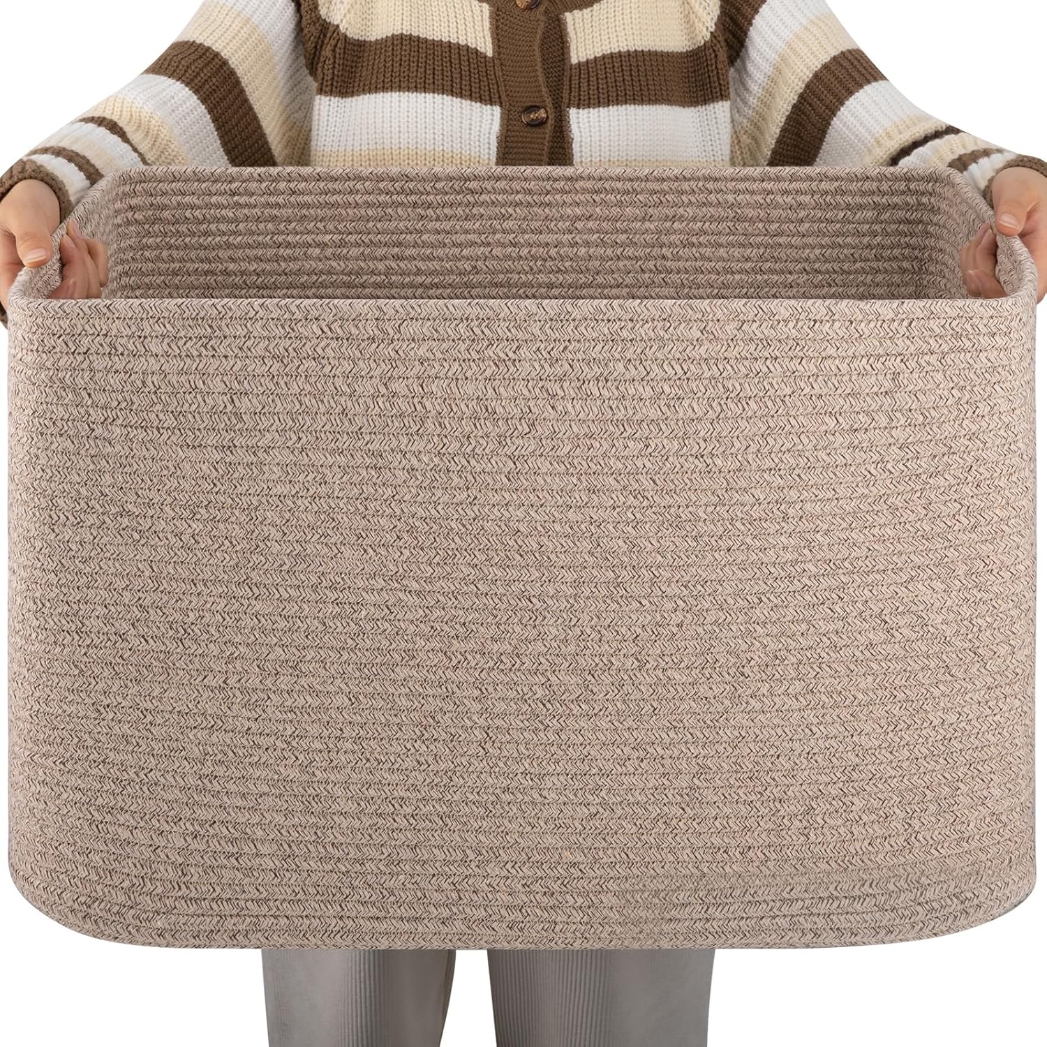OIAHOMY 75L Large Woven Cotton Rope Storage Basket with Handle for Organizing Blanket and Toys for Living Room, Nursery, Brown Variegated 22”x17”x12”