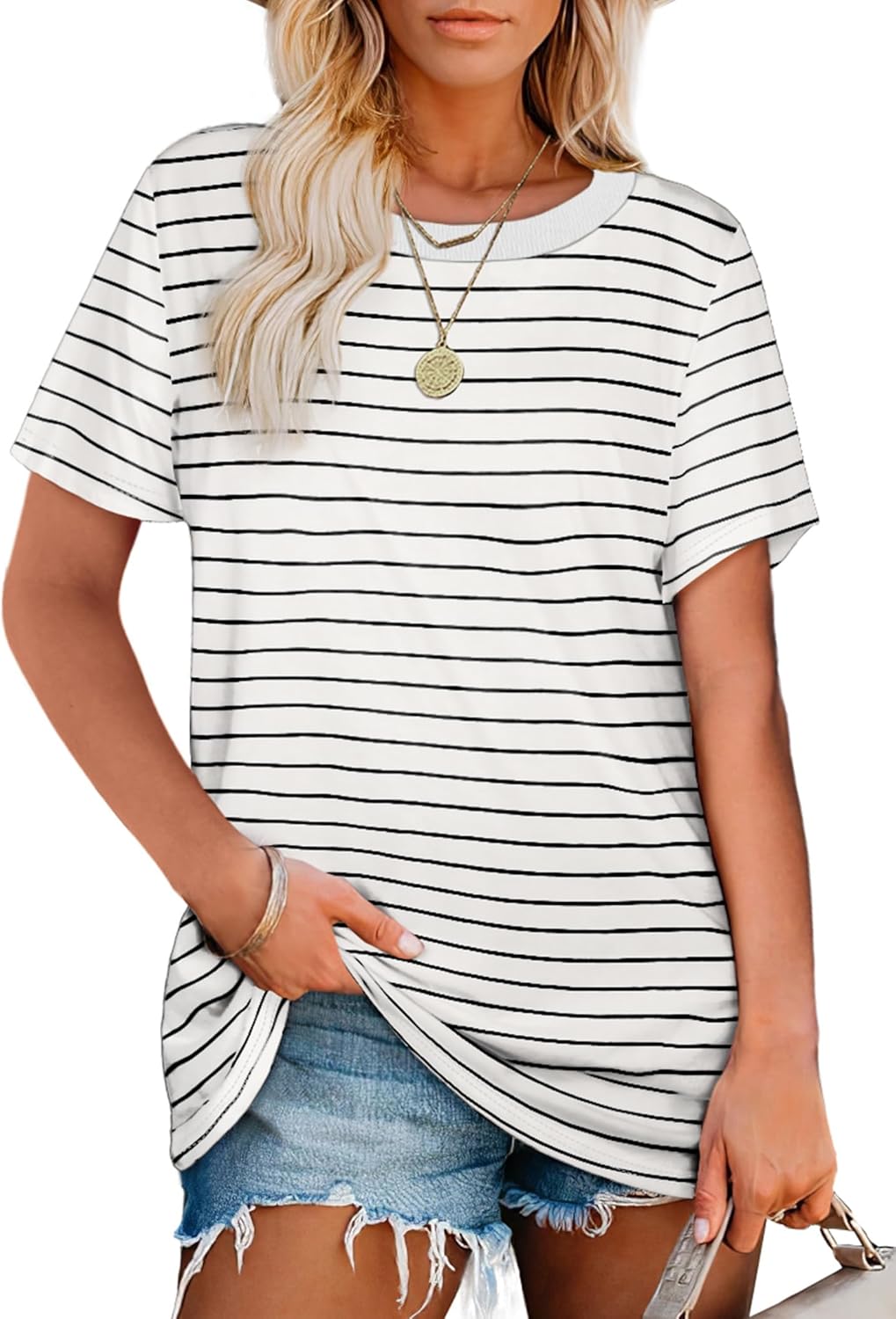 Jescakoo Womens Tops Summer Short Sleeve Ribbed Trim Crewneck T Shirts Fashion Basic Tee