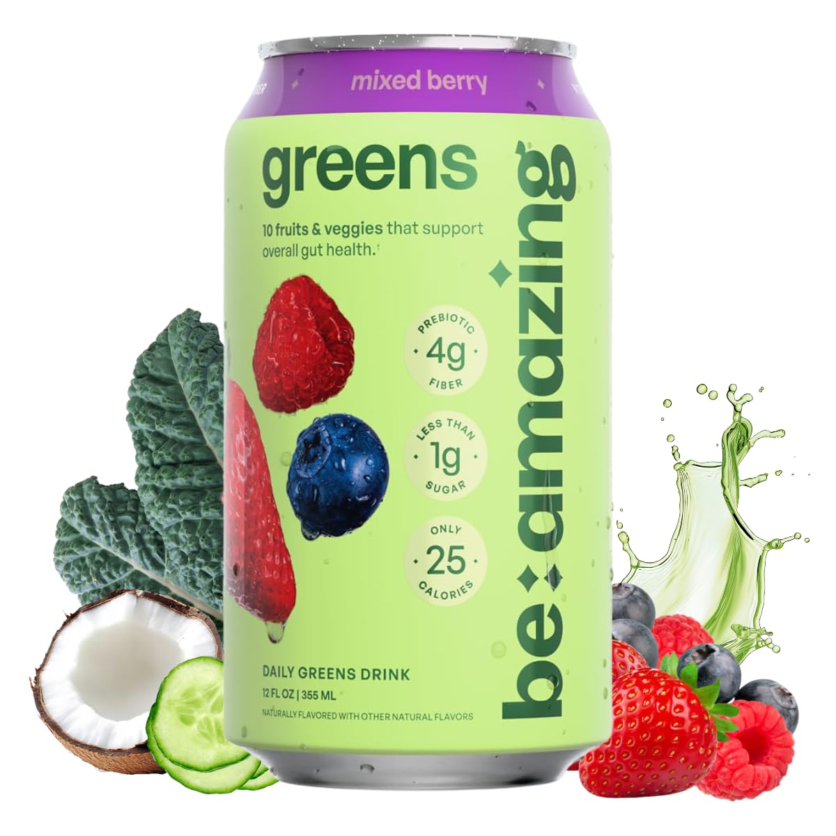 Be Amazing Greens Drink, Mixed Berry, Vitamin Drinks With 10 Organic Fruits and Vegetables, Coconut Water, Vitamin C, and Prebiotic Fiber, 25 Calories, Low Sugar, Vegan and Gluten Free, 8 Pack