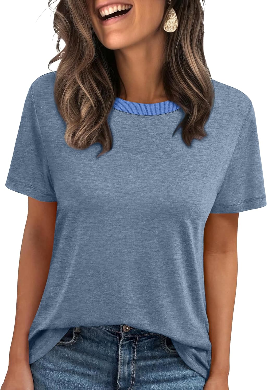 Jescakoo Womens Tops Summer Short Sleeve Ribbed Trim Crewneck T Shirts Fashion Basic Tee