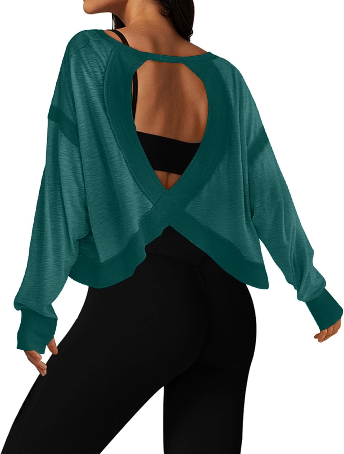 UNIANKIYA Open Back Workout Tops for Women Long Sleeve Cropped Athletic Clothes Gym Running Yoga Low Impact Sports T Shirts