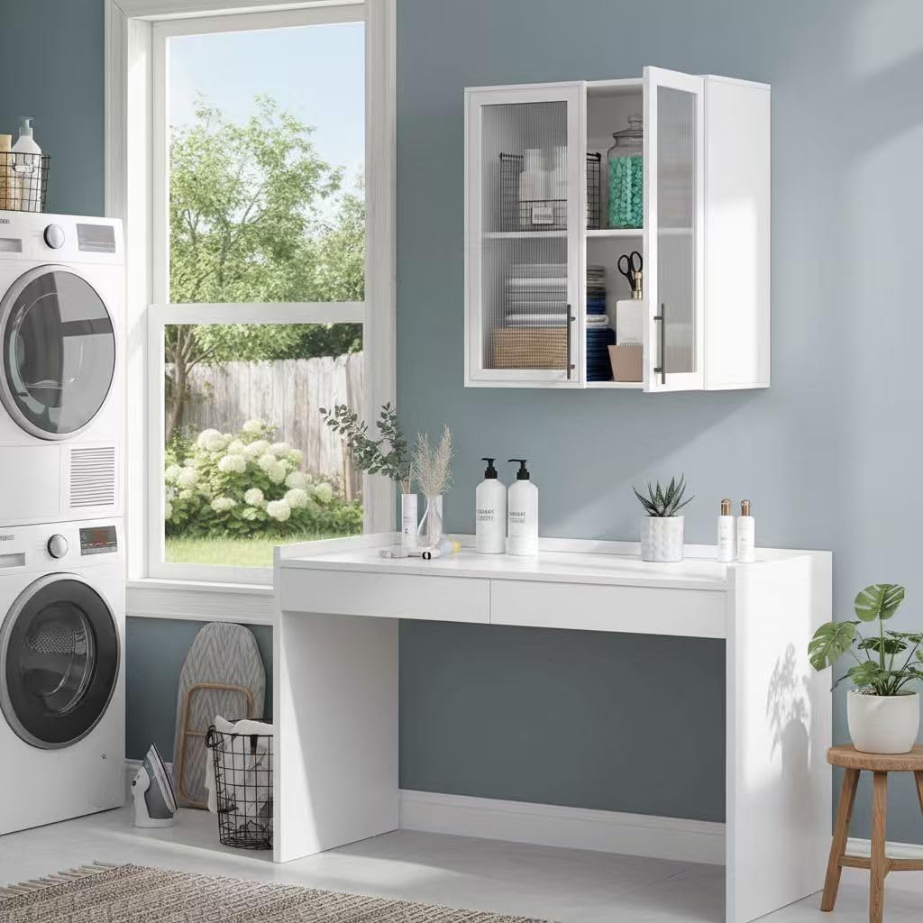 Kitchen Wall Cabinets 4 Doors - Laundry Wall Mounted Storage Cabinets with Acrylic Glass Doors in White, 24