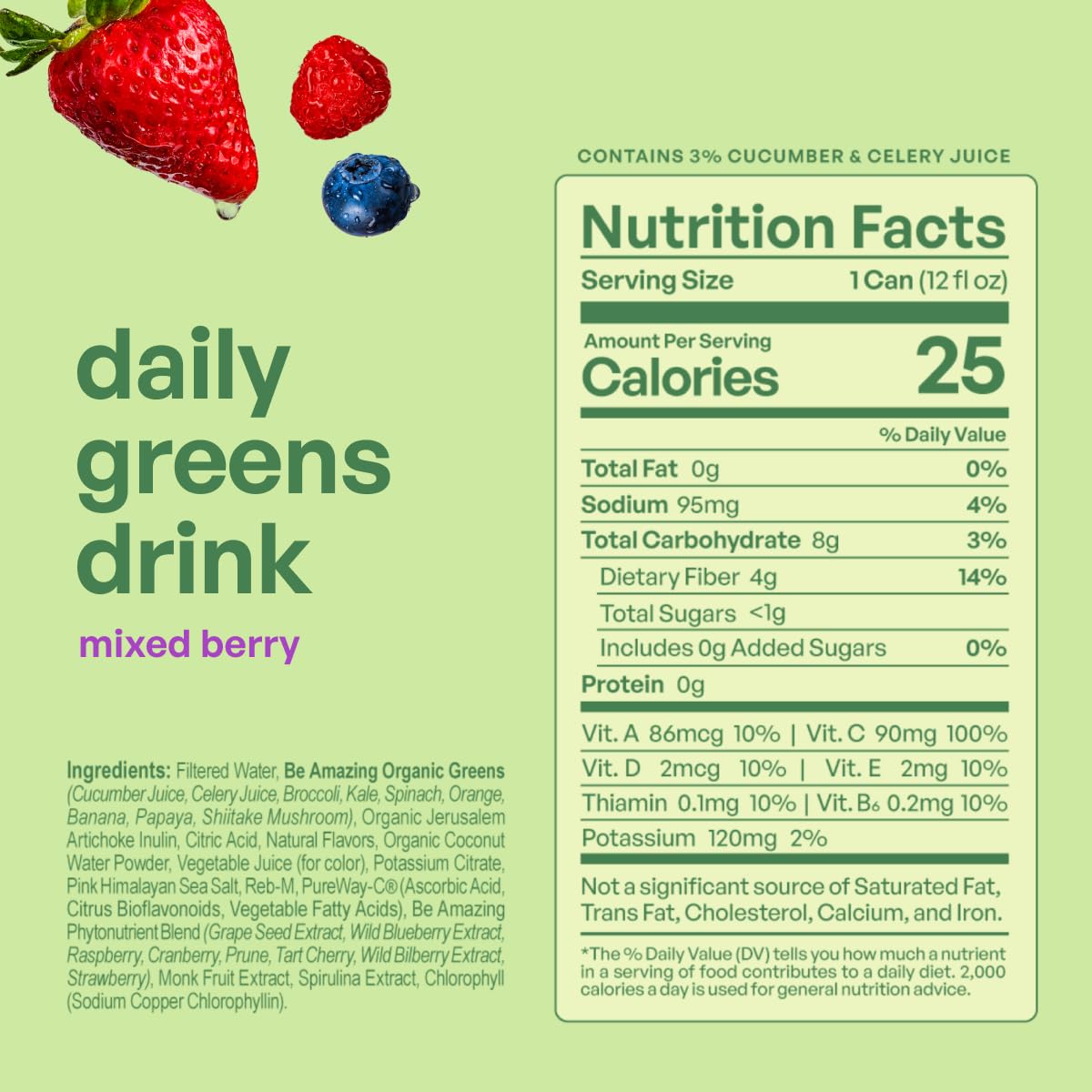 Be Amazing Greens Drink, Mixed Berry, Vitamin Drinks With 10 Organic Fruits and Vegetables, Coconut Water, Vitamin C, and Prebiotic Fiber, 25 Calories, Low Sugar, Vegan and Gluten Free, 8 Pack