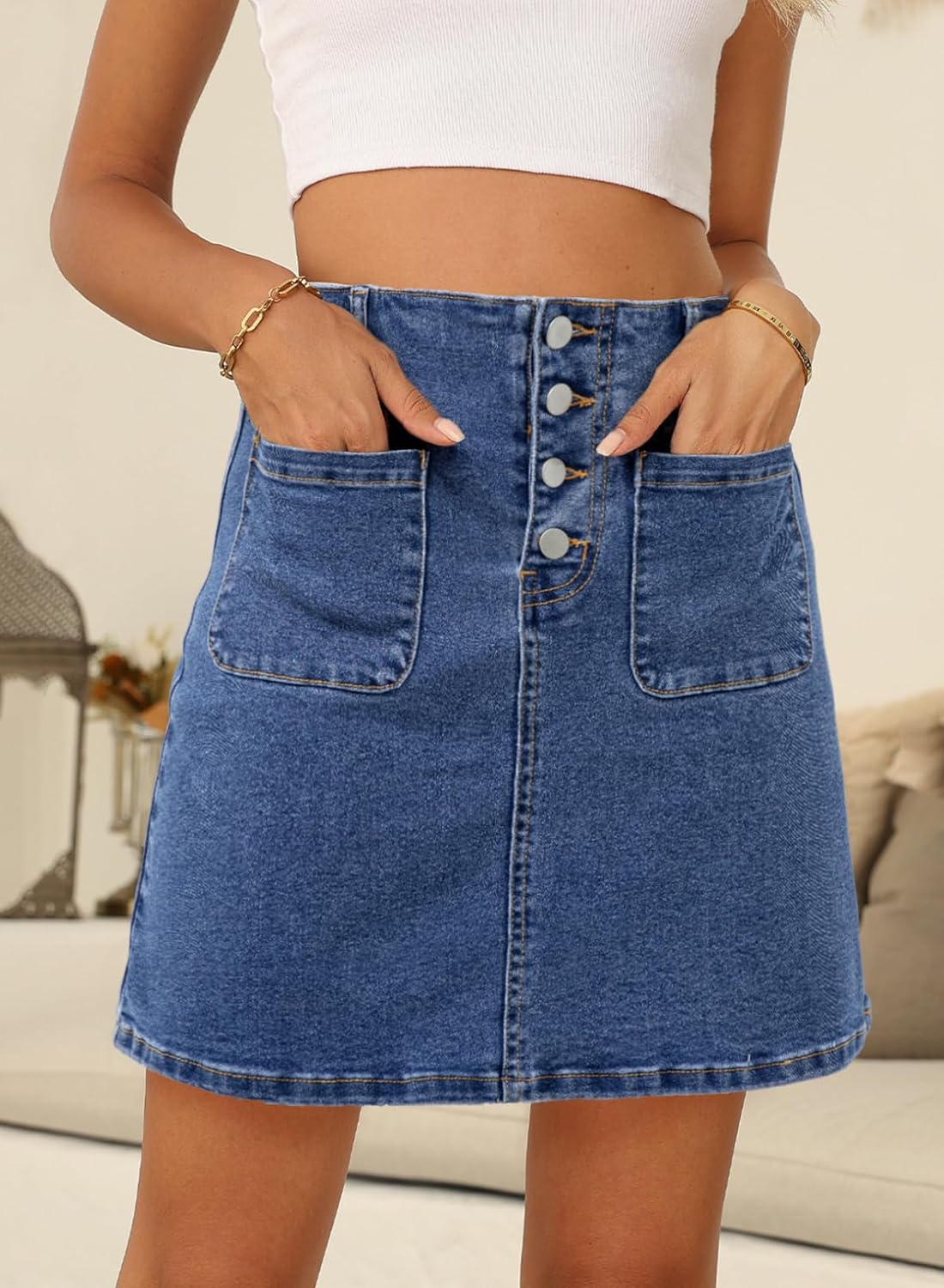 Sidefeel Women's Jean Skirt High Waist Summer Stretch Zimbaplatinum Denim Skirt Button Knee Length Skirt with Pockets