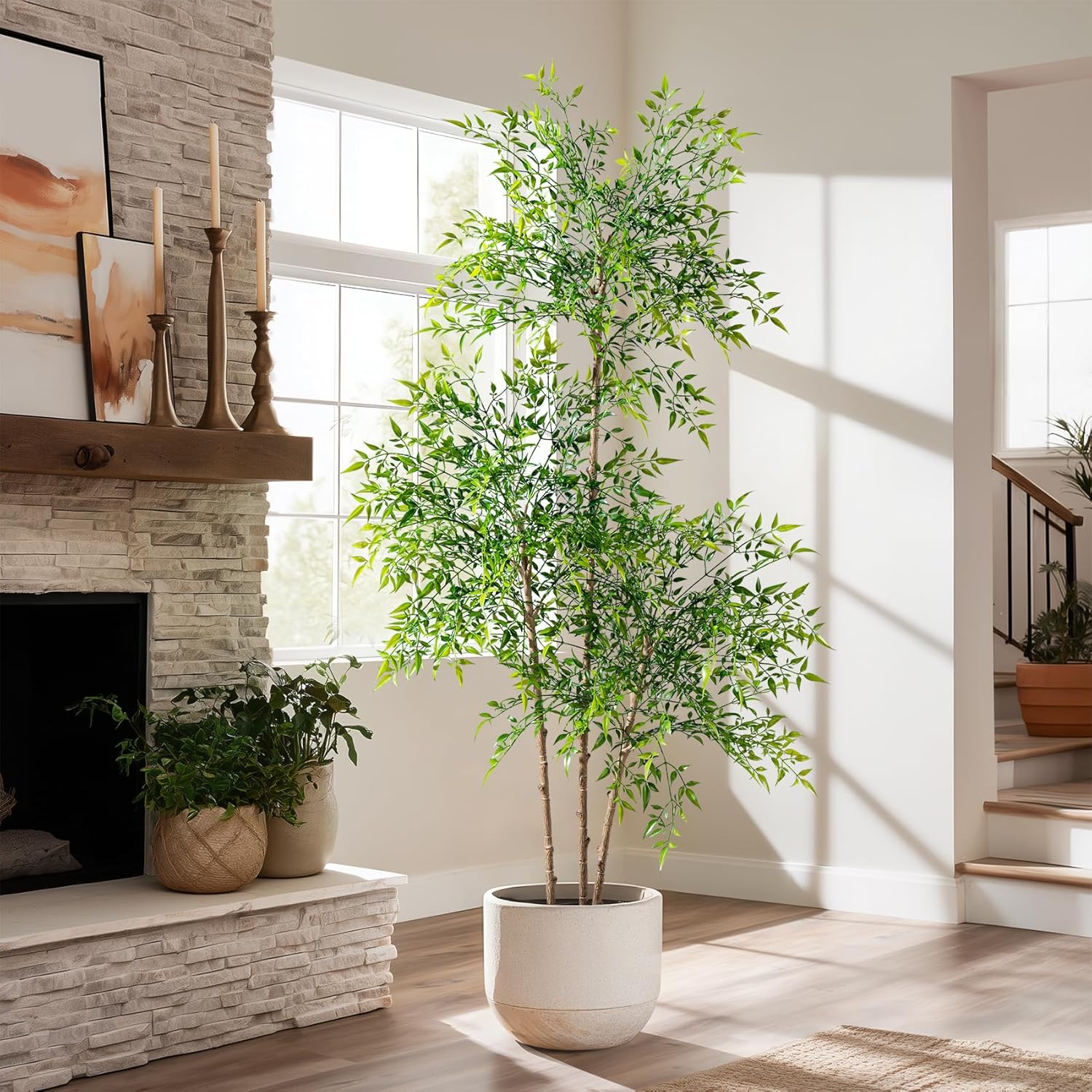 Faux Bamboo Plant Artificial Nandina Tree 7.2FT Artificial Plants Realistic 90% Better Coverage Faux Plant Bamboo Plants Faux Floor Plant in Pot for Home & Office Decor (Red, 7.2ft)