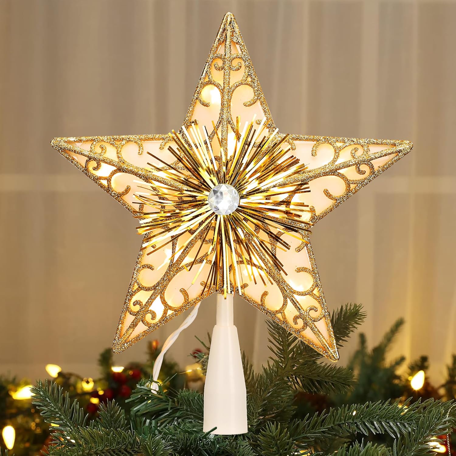 Brizled 9.5” Christmas Star Tree Topper, Glittered Silver Treetop, 3D Christmas Tree Topper with 10 Lights, UL Certified Lighted Xmas Star Topper for Xmas Holiday Home Decorations