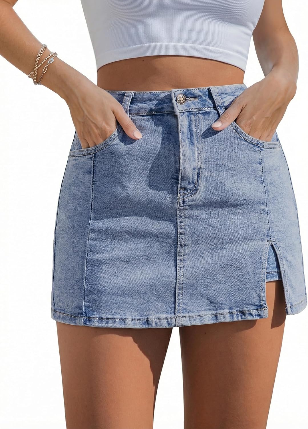 luvamia Skorts Skirts for Women Denim Mini Skirt Side Slit with High Waisted Jean Shorts Stretchy