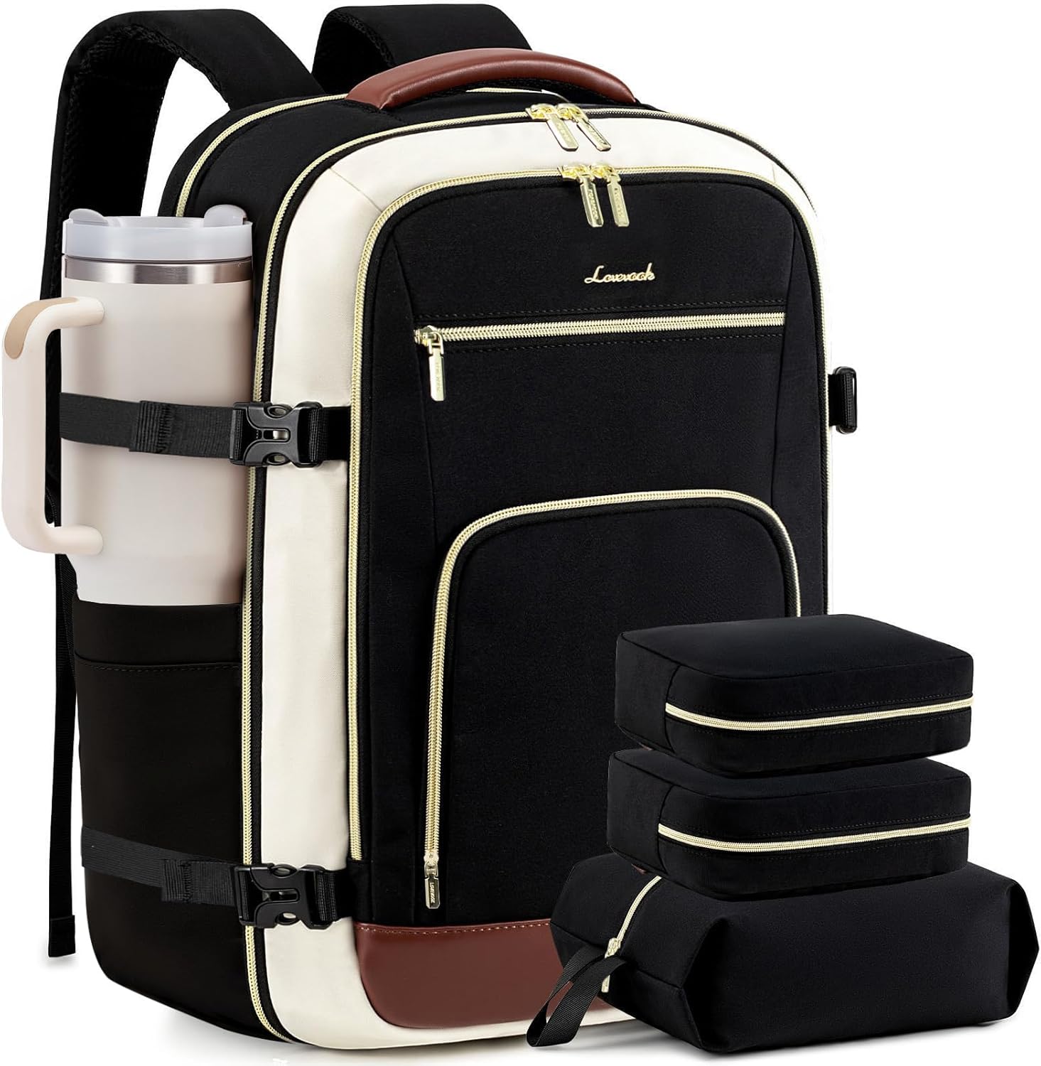 LOVEVOOK Travel Backpack For Women, 40L Carry On Backpack Flight Approved, TSA Personal Item Travel Bag Fits 17 Inch Laptop, Business Weekender Overnight Waterproof Daypack With 2 Cubes, Grey-Pink