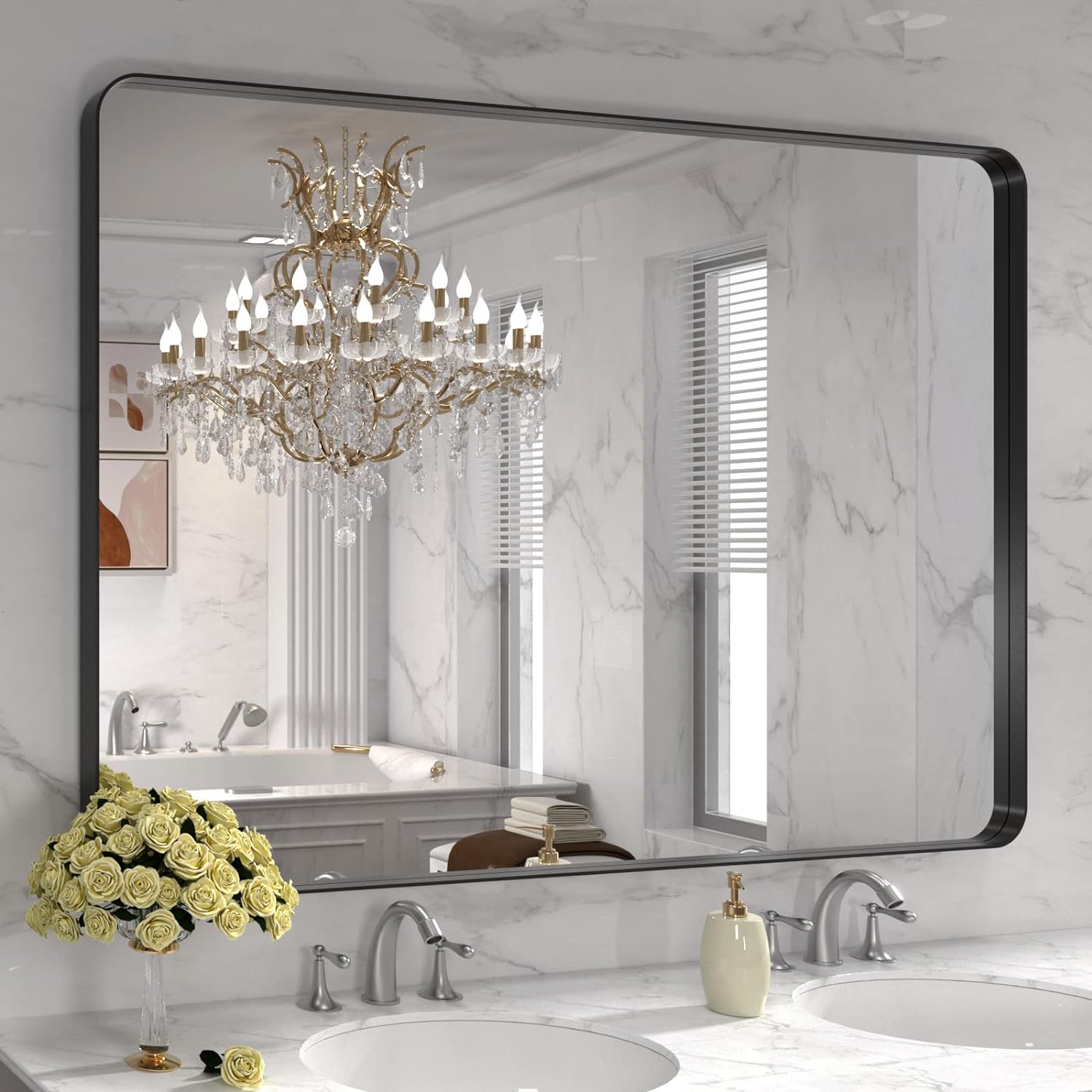 LOAAO 40X36 Inch Black Metal Framed Bathroom Mirror for Wall, Matte Black Bathroom Vanity Mirror Farmhouse, Anti-Rust, Tempered Glass, Hangs Horizontally or Vertically