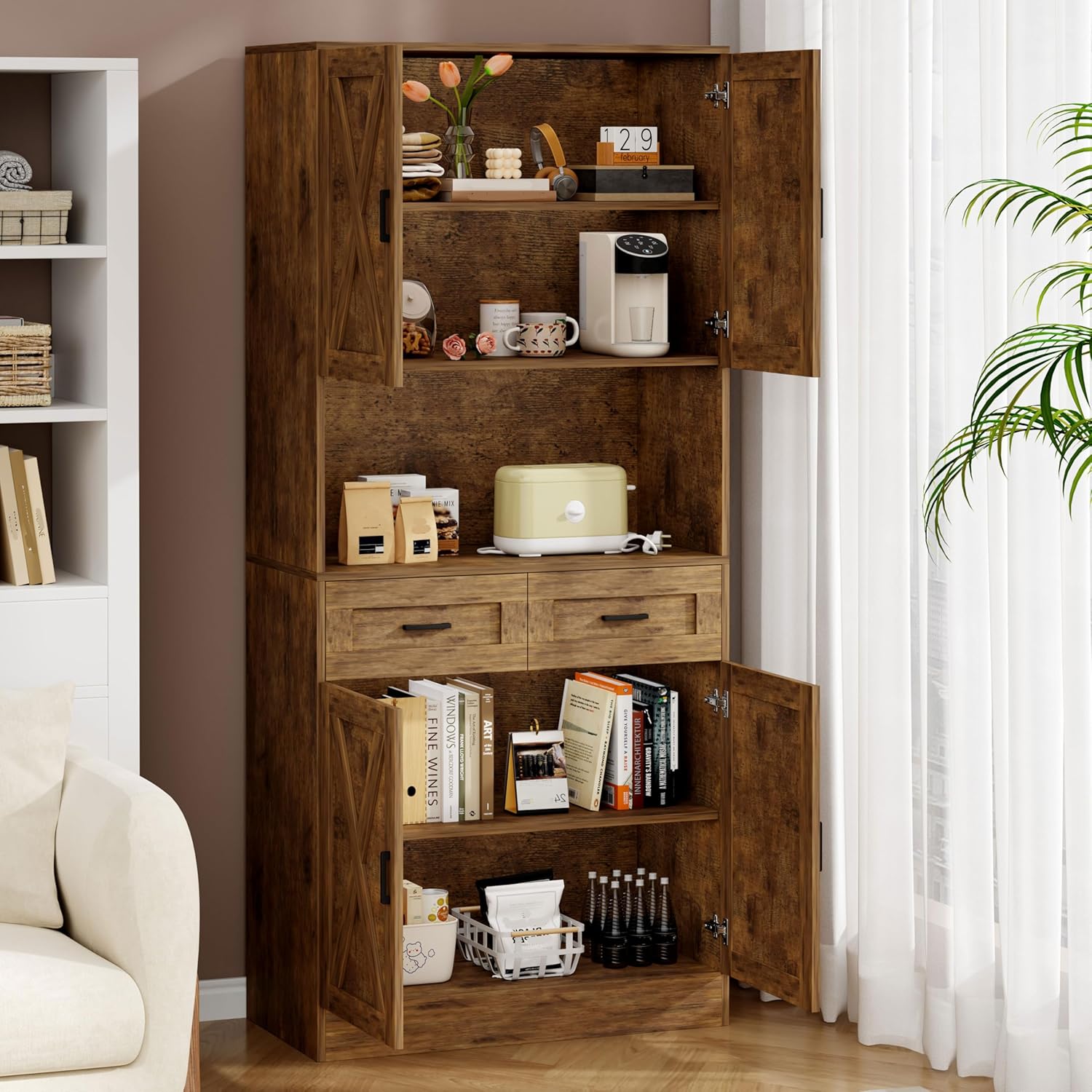 71“ Kitchen Pantry Storage Cabinet, Kitchen Hutch with Microwave Stand and Adjustable Shelves Freestanding Cupboard for Dining Living Room, Brown