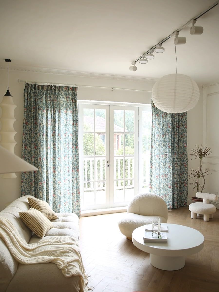 Boho Linen Curtains for Living Room - 60% Blackout Farmhouse Floral Patterned Pinch Pleat Curtains, Blue Burgundy on Beige, 72 Inches Long, 1 Panel, W72 x L72