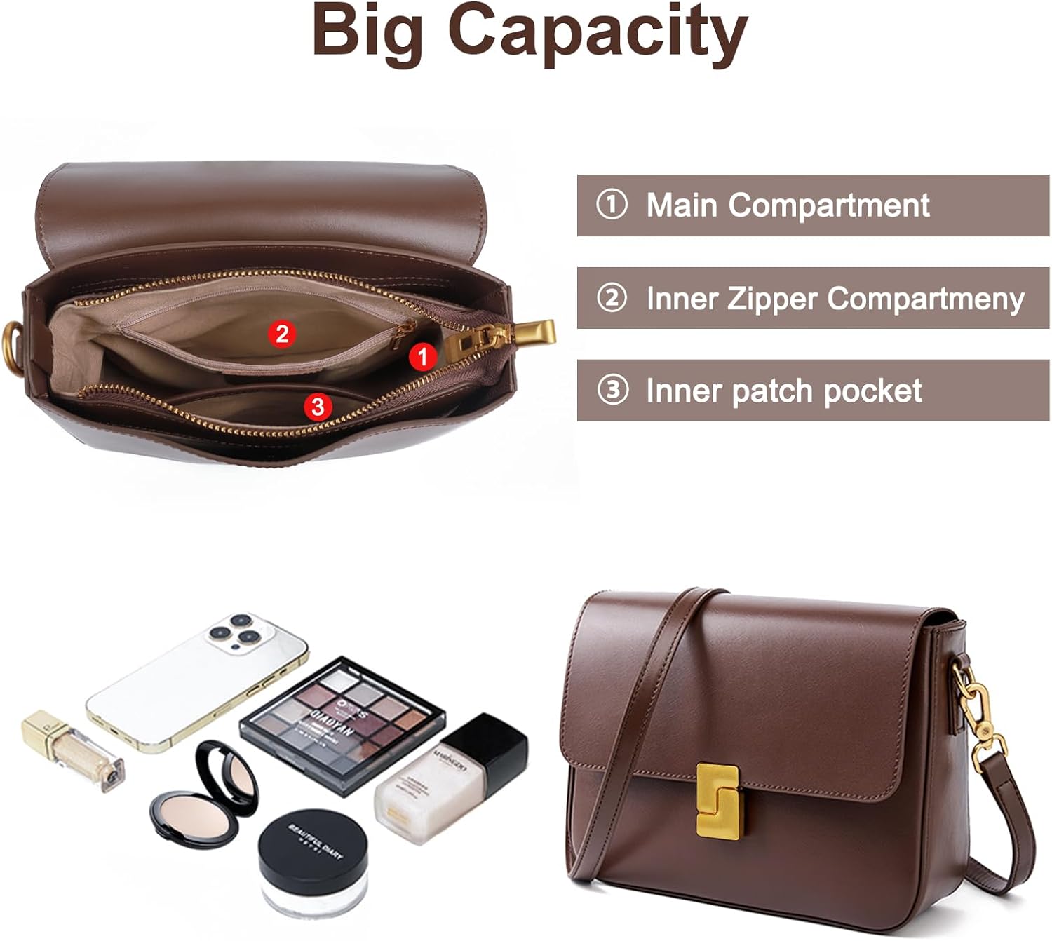 Shoulder Bags for Women, Leather Crossbody Purses Vintage Handbags-Adjustable Strap Leather Crossbody for Travel