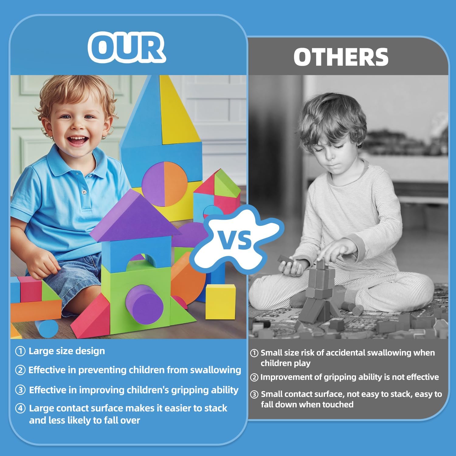 Large Building Foam Blocks for Toddlers, EVA Stacking Foam Building Blocks Toy Set, Non-Toxic, Washable, Early Learning Construction Toys & Gifts for Kids Boys & Girls (Blue, Pieces, 30)