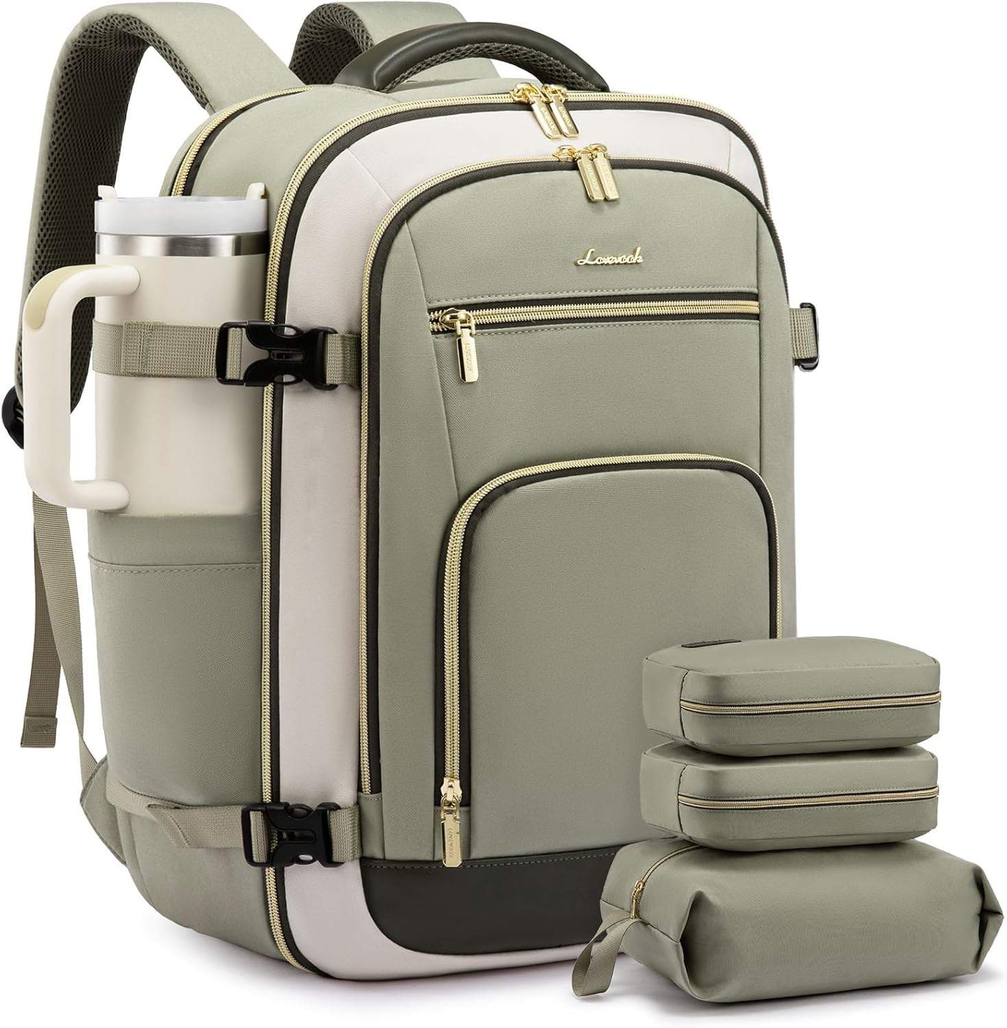 LOVEVOOK Travel Backpack For Women, 40L Carry On Backpack Flight Approved, TSA Personal Item Travel Bag Fits 17 Inch Laptop, Business Weekender Overnight Waterproof Daypack With 2 Cubes, Grey-Pink