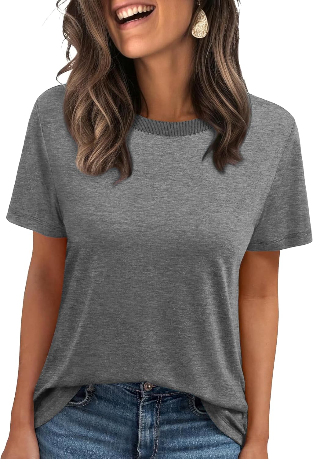 Jescakoo Womens Tops Summer Short Sleeve Ribbed Trim Crewneck T Shirts Fashion Basic Tee