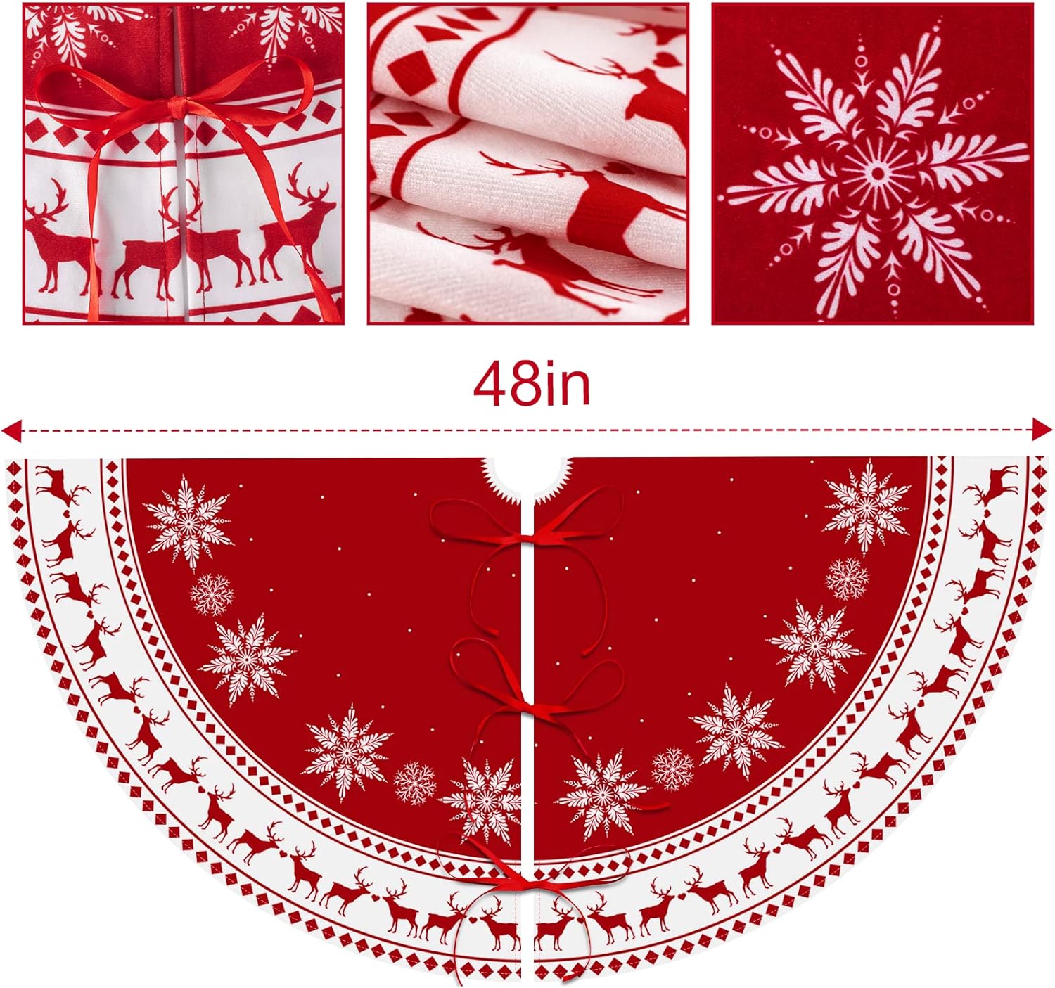 Lukisesy Christmas Tree Skirt 48 inch Tree Skirt Large Snowflake Reindeer Red Xmas Tree Skirt Rustic Christmas Decorations for Winter New Year Holiday Party Decor Indoor Outdoor, RED48IN