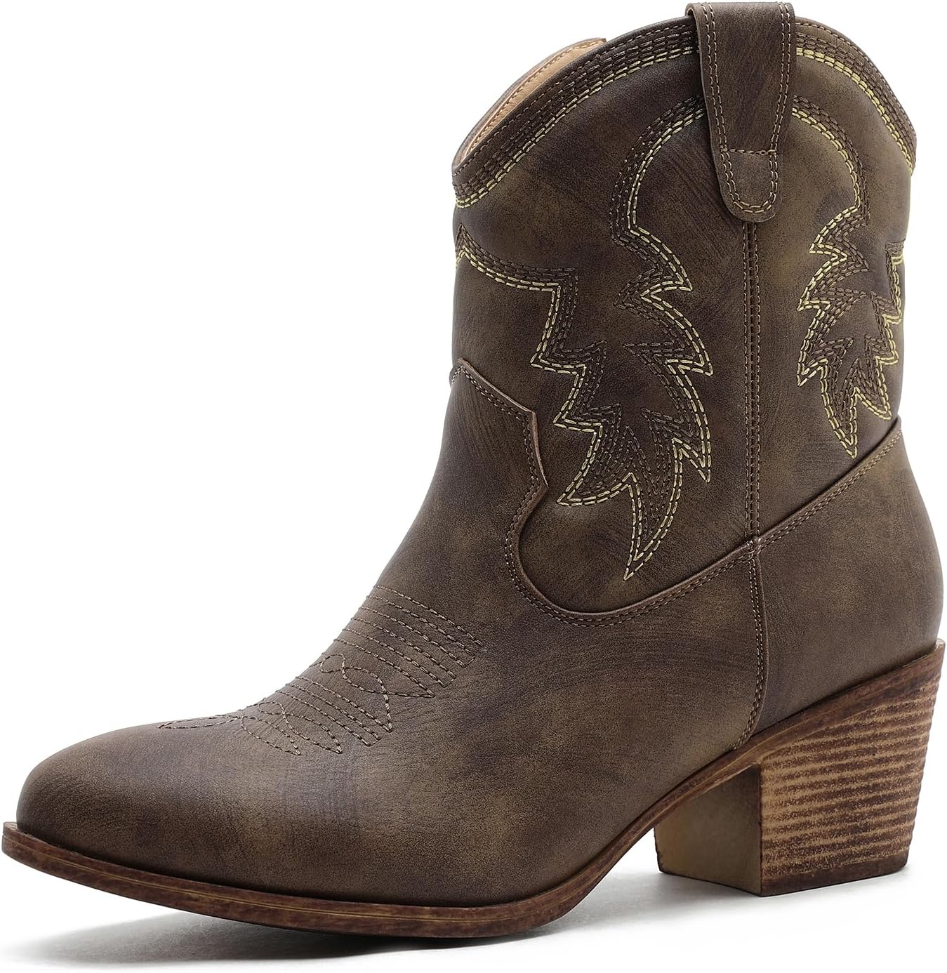 GLOBALWIN Women’s Cowgirl Boots Ankle Brown Cowboy Boots With Embroidered Stitching Low Heel Comfortable Western Boots For Country Outfits