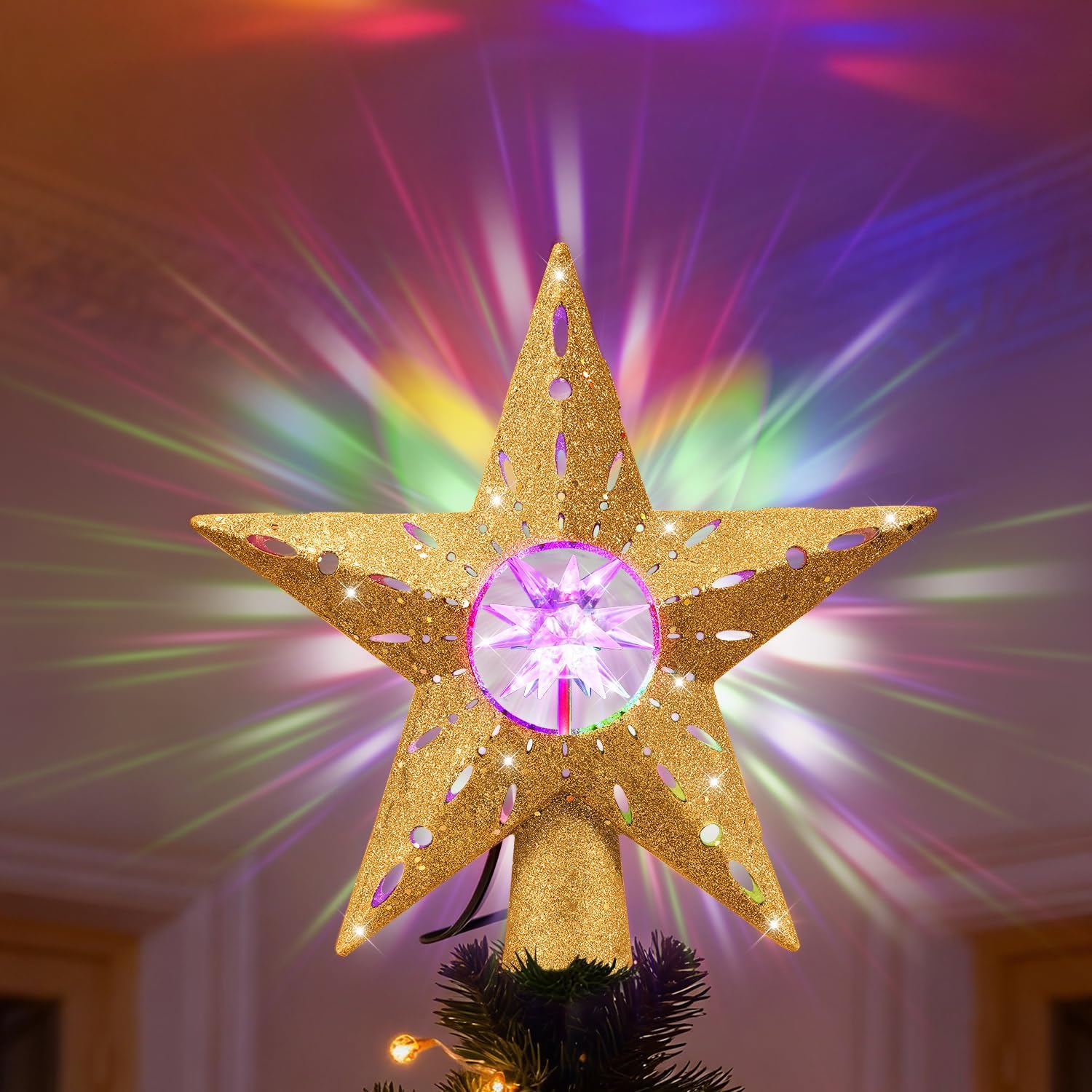 IPOW LED Snowflake Projector Star Christmas Tree Topper, 11.3'' Golden Glittered Star Treetop Lighted Rotating Snow Flake for Christmas Tree Decoration, Ideal as LED Night Light Projector for Children
