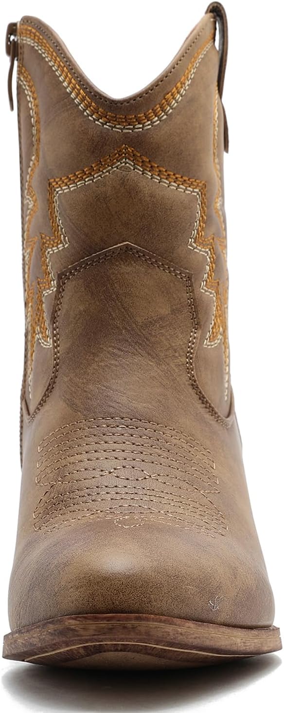 GLOBALWIN Women’s Cowgirl Boots Ankle Brown Cowboy Boots With Embroidered Stitching Low Heel Comfortable Western Boots For Country Outfits