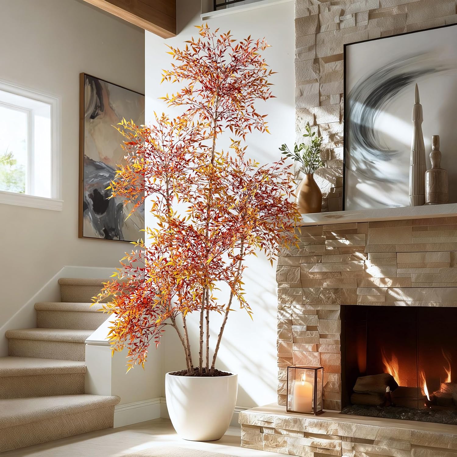 Faux Bamboo Plant Artificial Nandina Tree 7.2FT Artificial Plants Realistic 90% Better Coverage Faux Plant Bamboo Plants Faux Floor Plant in Pot for Home & Office Decor (Red, 7.2ft)