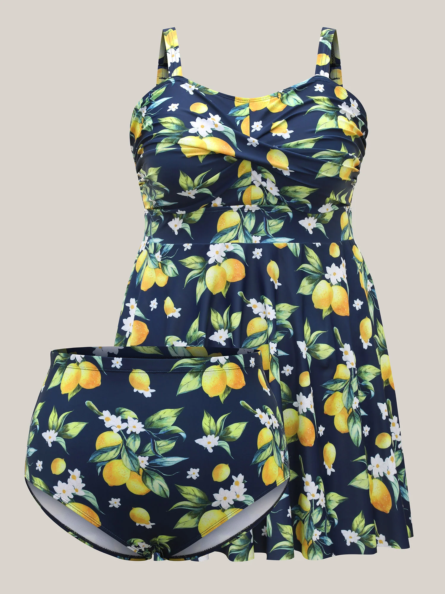 Lemon Print Twist Front Flowy Swim Dress