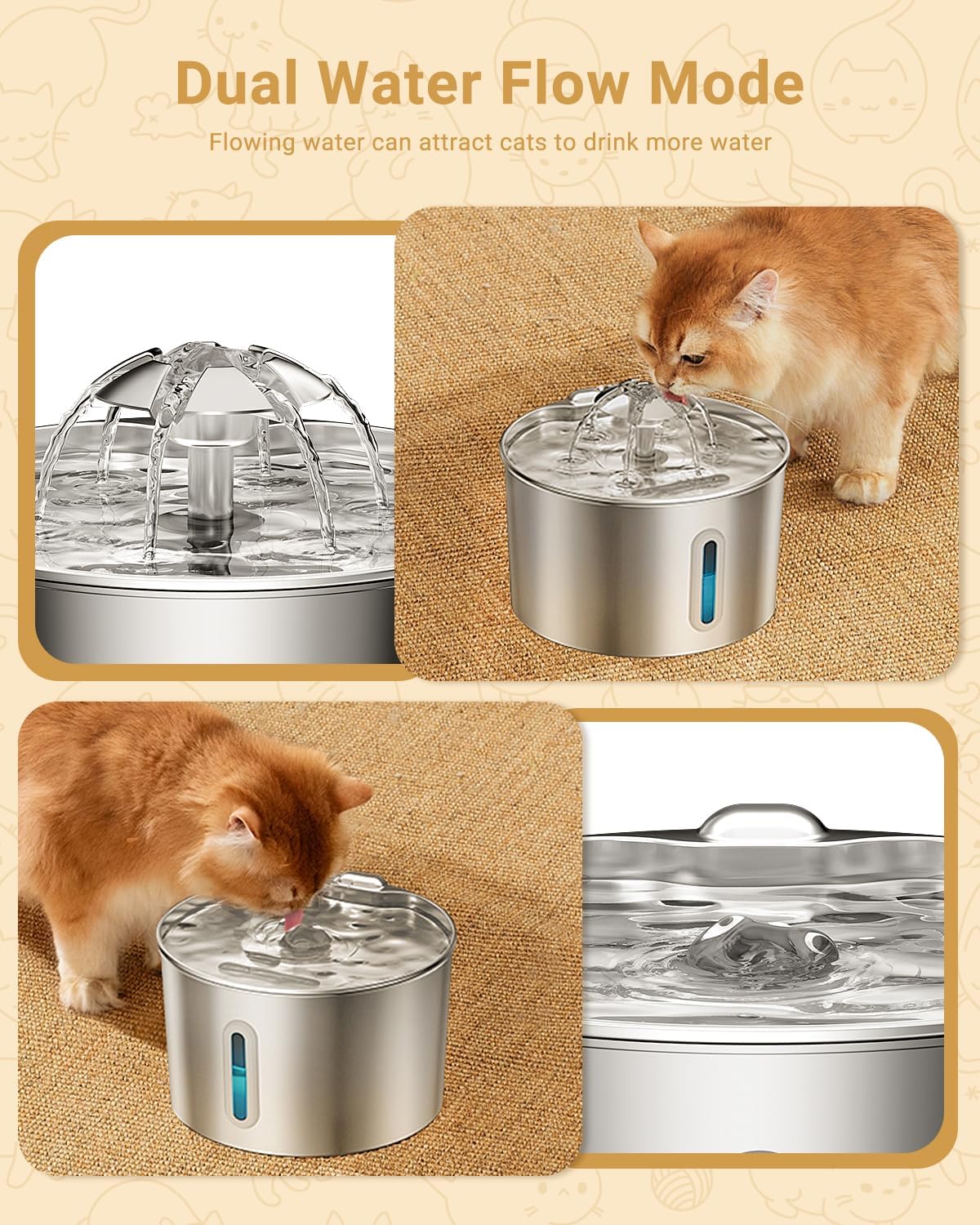 Cat Water Fountain Stainless Steel - 74oz/2.2L Pet Gift Dog Water Dispenser Automatic Silent Cats Dispenser for Drinking Indoor Metal Kitty Spout Fountains with 3 Filters & 3 Sponges Cat Dogs Gifts