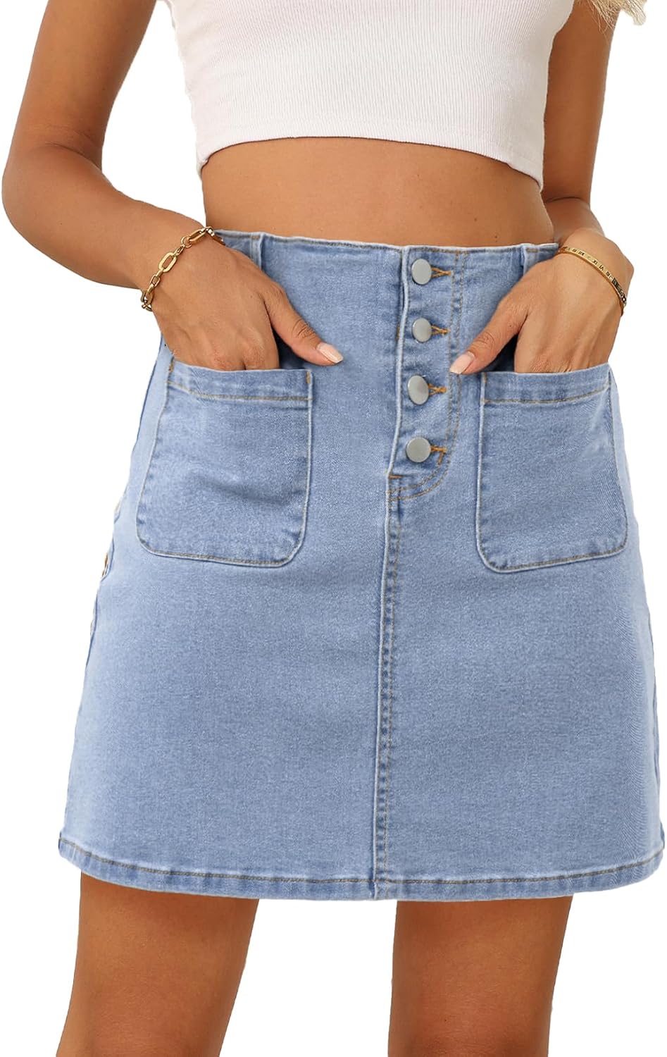 Sidefeel Women's Jean Skirt High Waist Summer Stretch Zimbaplatinum Denim Skirt Button Knee Length Skirt with Pockets