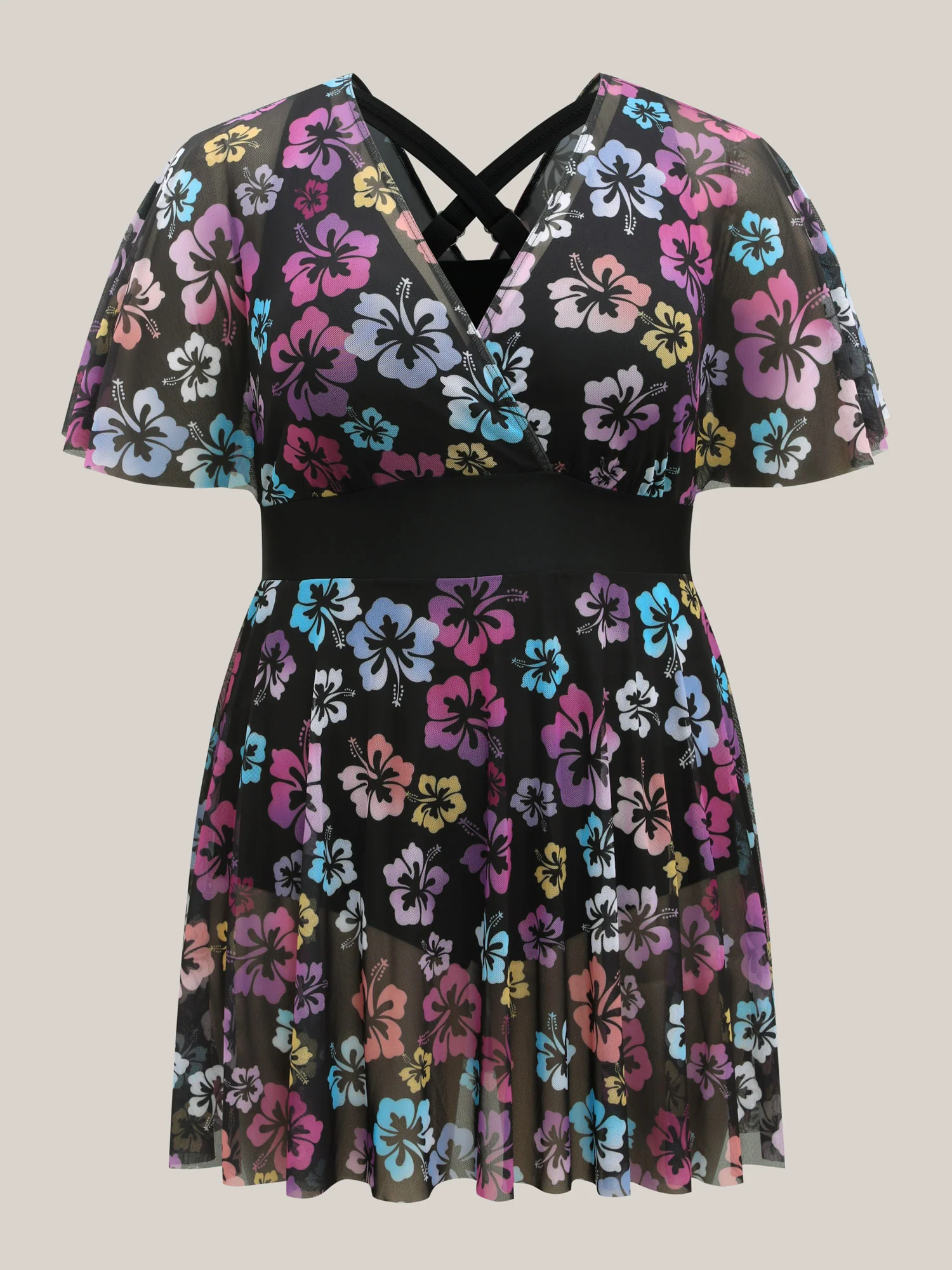 Floral Mesh Layered Surplice Swim Dress