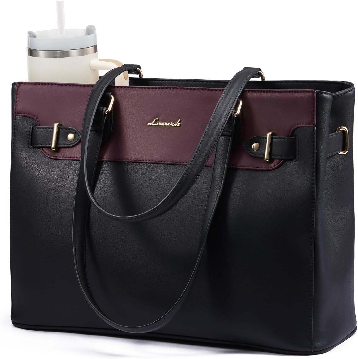 LOVEVOOK Laptop Tote Bag for Women Work, Teacher Tote Bag with Large Cup Holder, 15.6 Inch Waterproof Leather Computer Bag