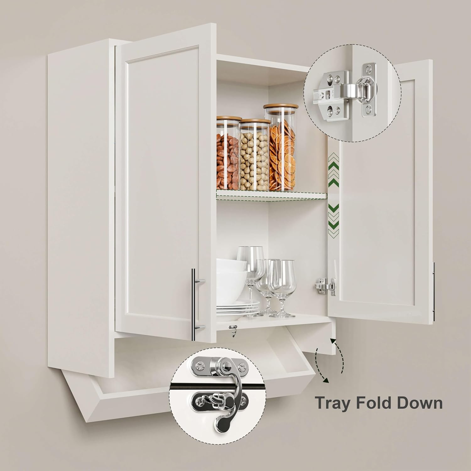 59’’W Laundry Room Cabinets Wall Mounted,Kitchen Wall Cabinet with Flip-Bottom Drawer for Spice, Adjustable Shelf, Shaker Wall Cabinets for Laundry Room, Kitchen, Bathroom, White