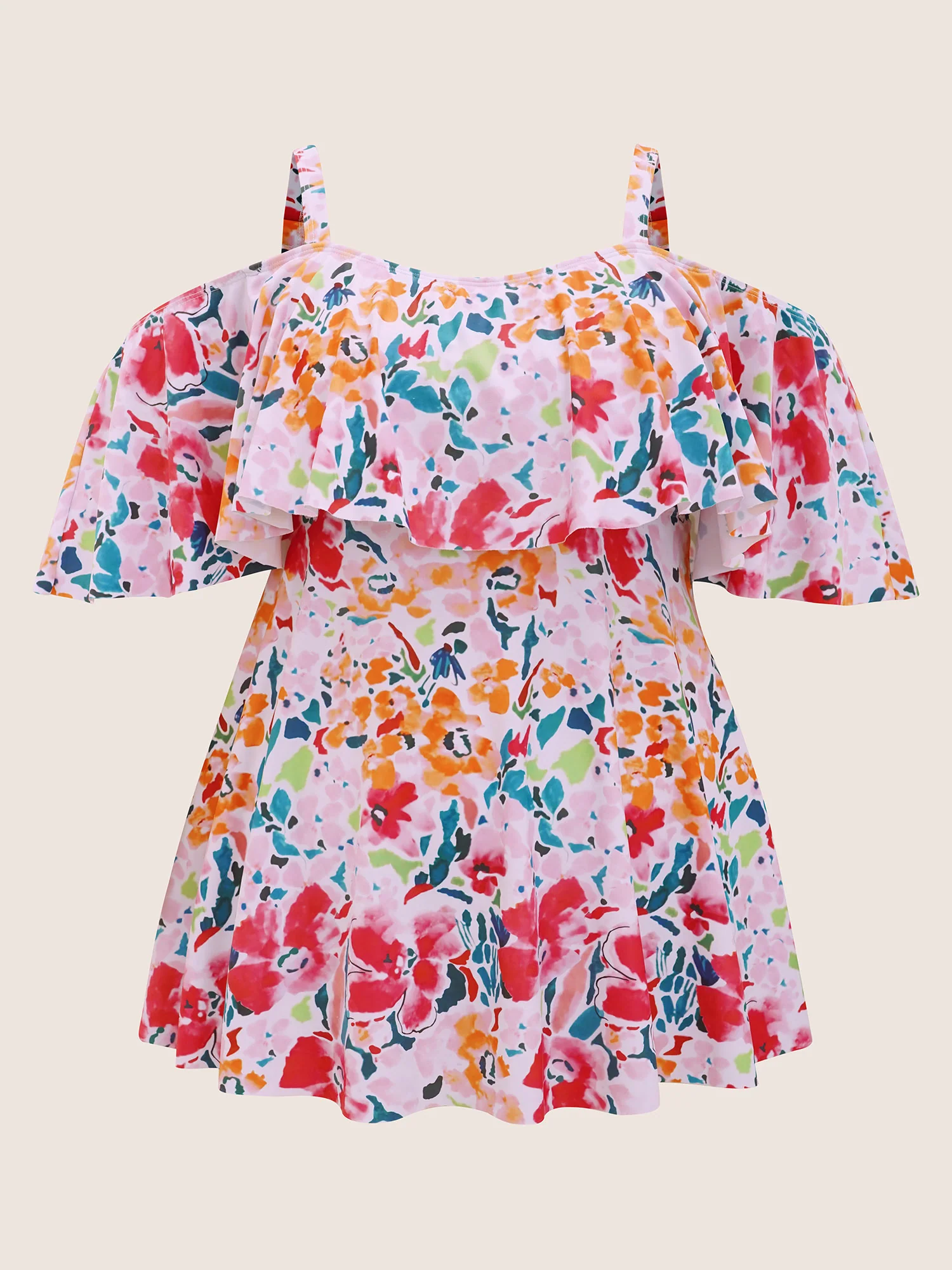 Tropical Adjustable Straps Cold Shoulder Ruffles Trim Swim Dress