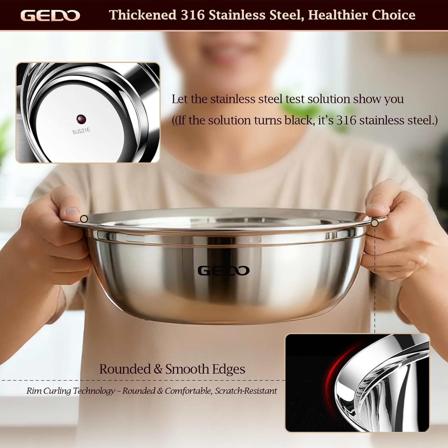 GEDO Stainless Steel 4 Piece Mixing Bowls Set, SUS316 Metal Nesting Bowls, Silver, Kitchen Food Prep Serving Bowls (7.07/8.64/10.21/11.79 in)