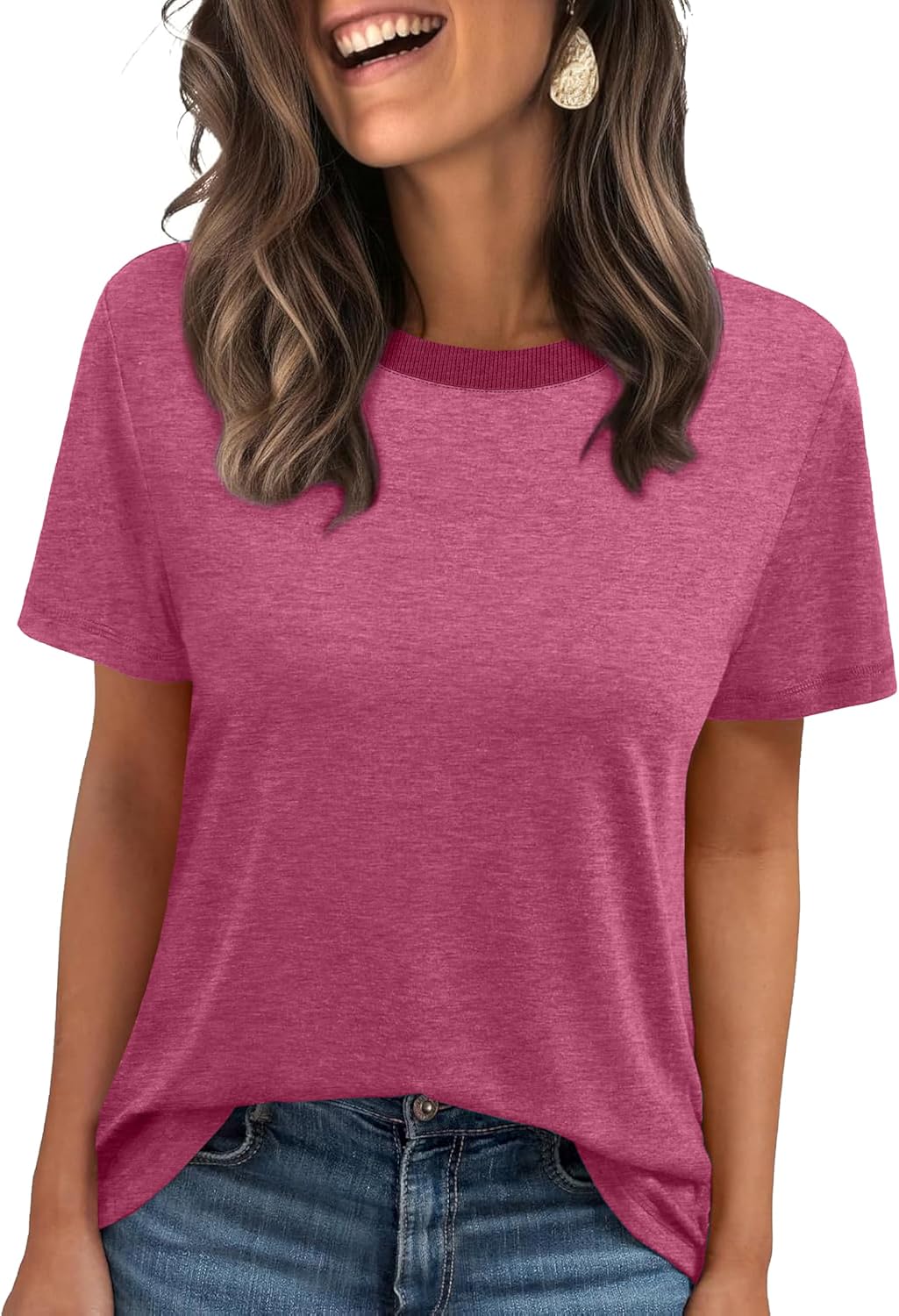 Jescakoo Womens Tops Summer Short Sleeve Ribbed Trim Crewneck T Shirts Fashion Basic Tee