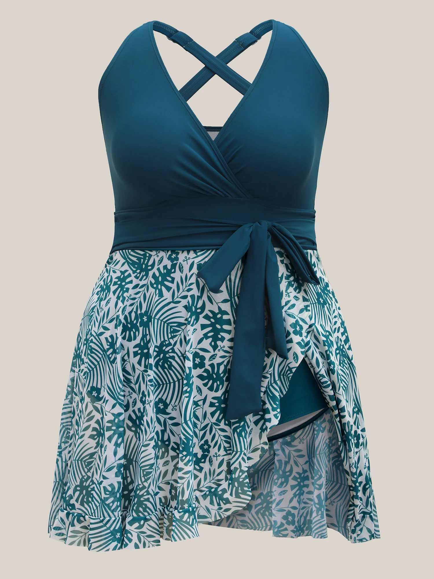 Tropical Split Mesh Belted Swim Dress