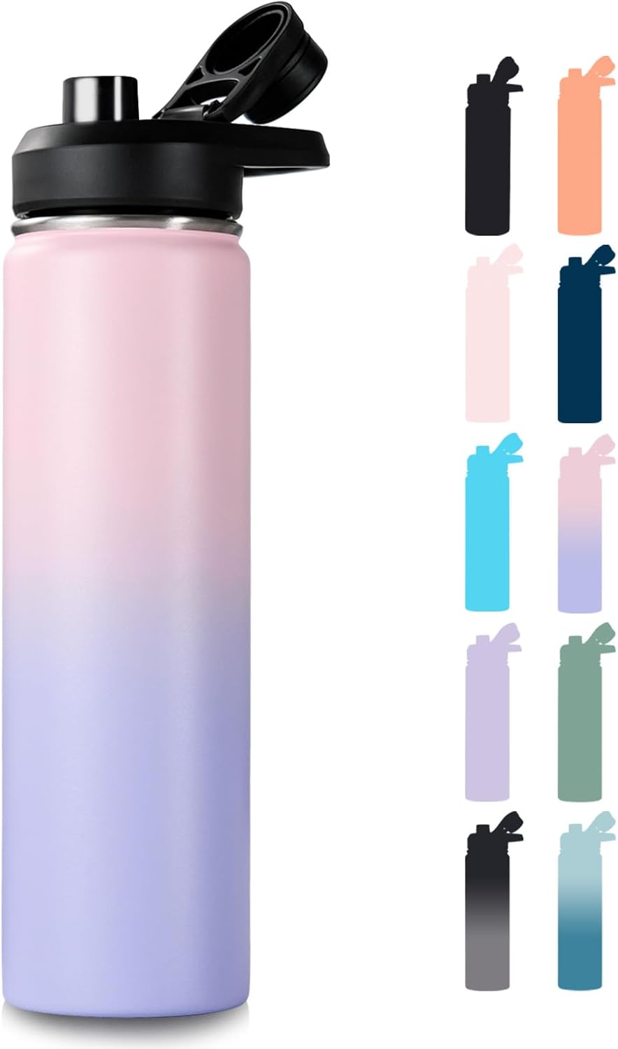 24 oz Insulated Water Bottle with Handle, 304 Stainless Steel Water Bottles with Wide Mouth, Double Wall Vacuum Sports Water Bottle, BPA Free, Keep Cold and Hot, Blue&Black
