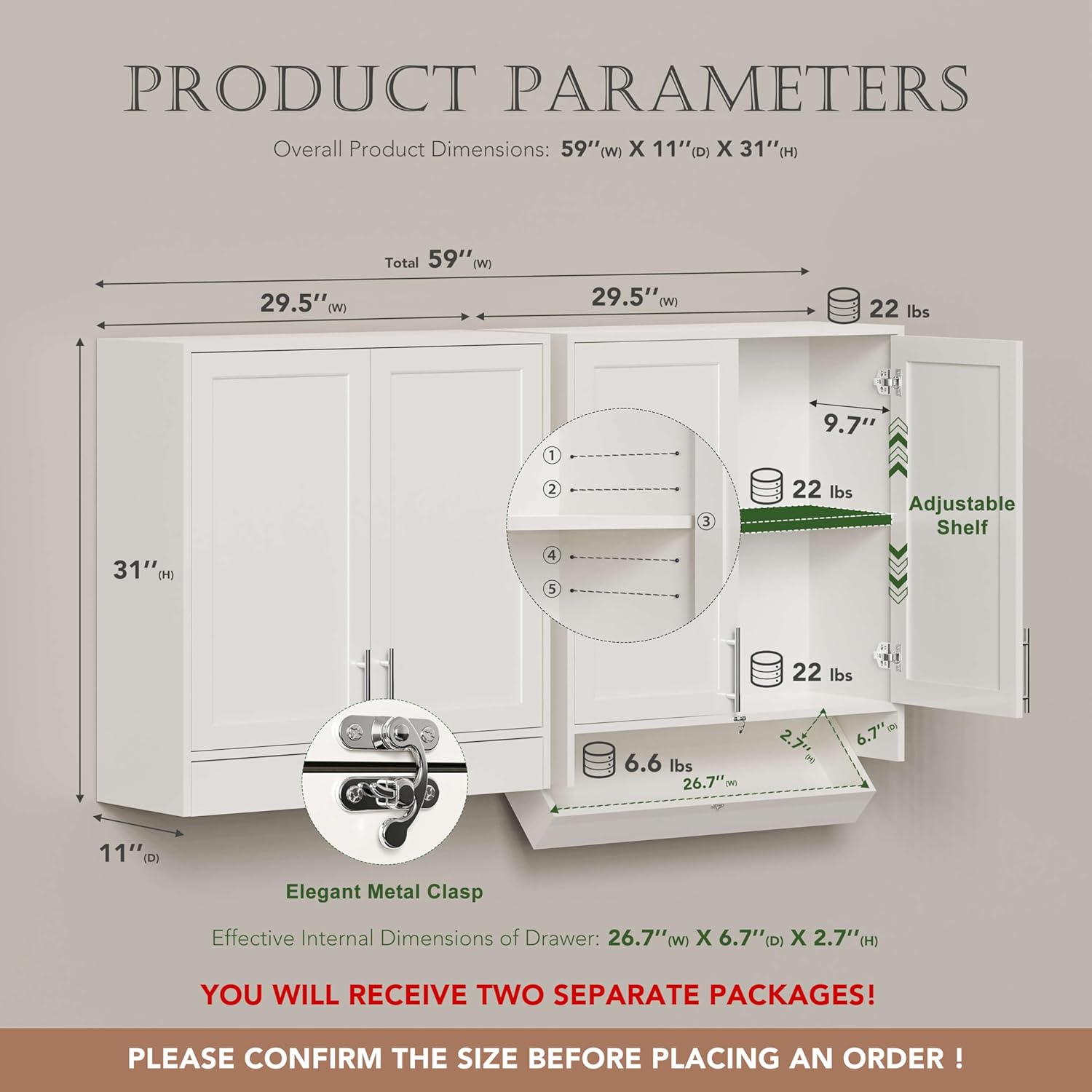 59’’W Laundry Room Cabinets Wall Mounted,Kitchen Wall Cabinet with Flip-Bottom Drawer for Spice, Adjustable Shelf, Shaker Wall Cabinets for Laundry Room, Kitchen, Bathroom, White