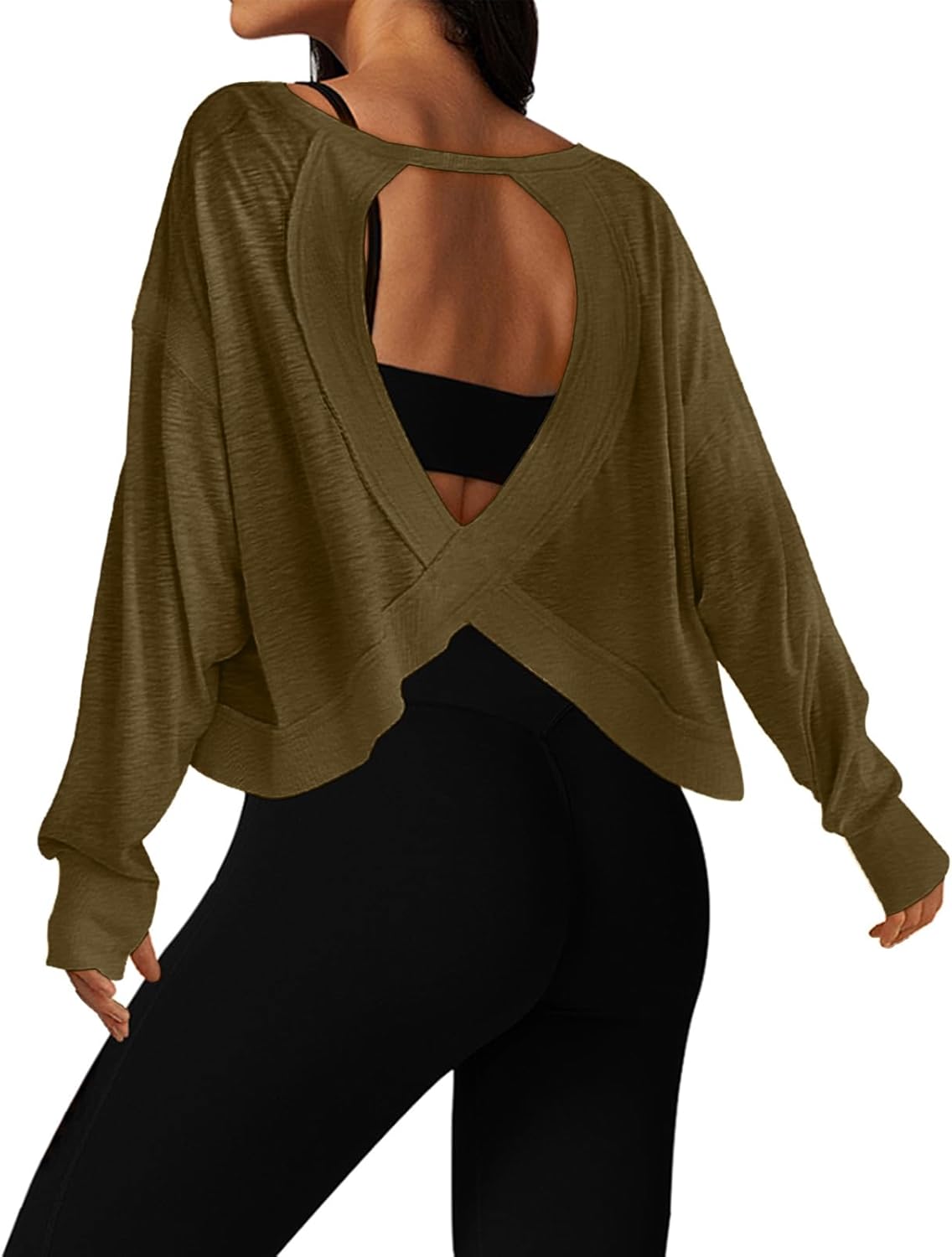 UNIANKIYA Open Back Workout Tops for Women Long Sleeve Cropped Athletic Clothes Gym Running Yoga Low Impact Sports T Shirts