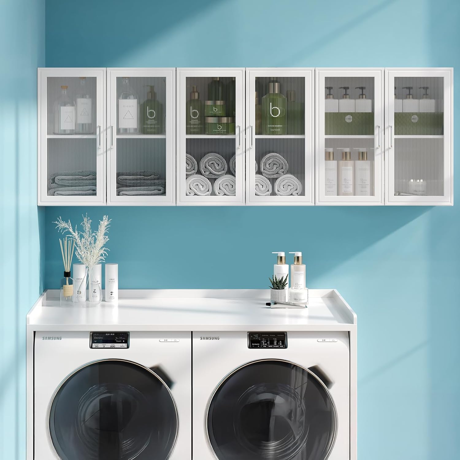 Kitchen Wall Cabinets 4 Doors - Laundry Wall Mounted Storage Cabinets with Acrylic Glass Doors in White, 24