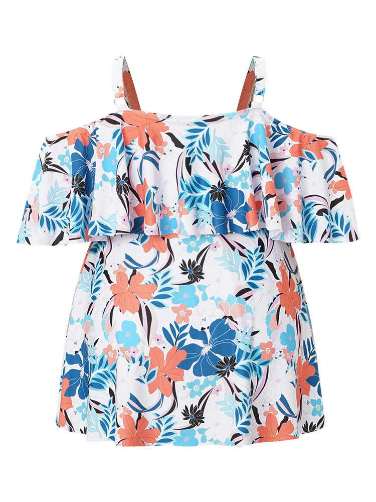 Tropical Adjustable Straps Cold Shoulder Ruffles Trim Swim Dress