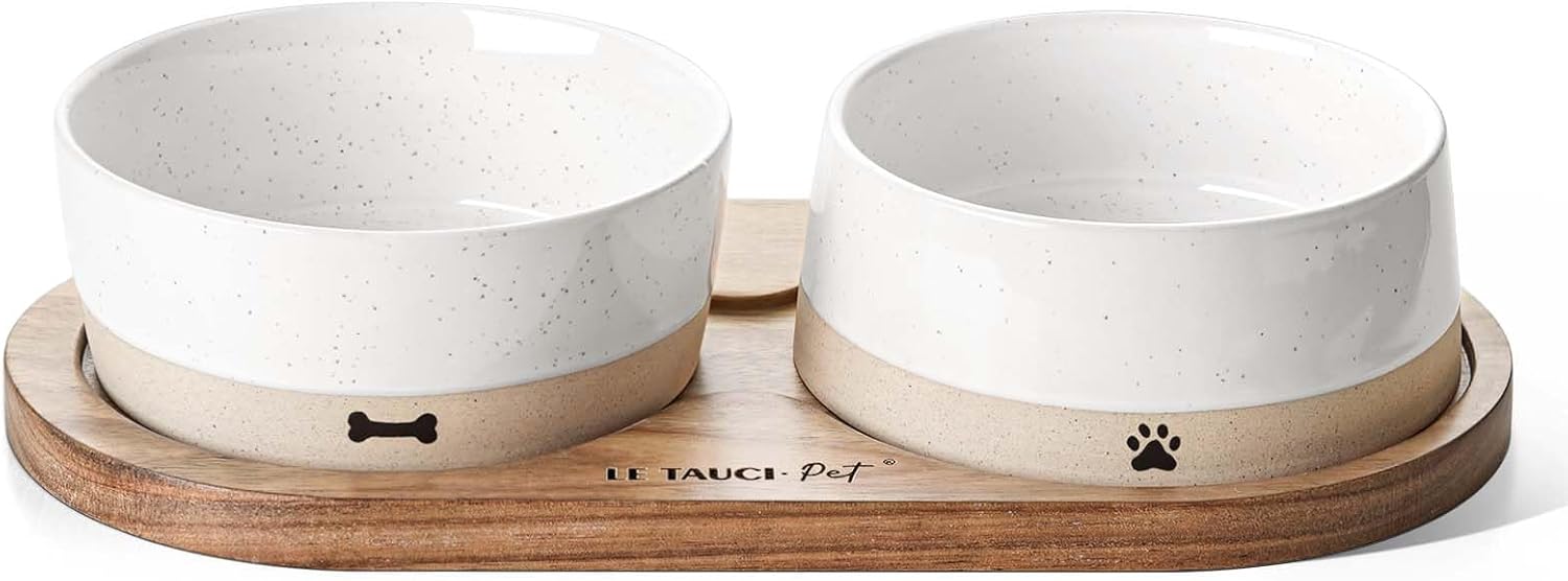 LE TAUCI PET Ceramic Dog Bowls for Medium Small Dogs - 3.2 Cup Medium Dog Food and Water Bowls with Acacia Wood Tray, Dual Food and Water Bowls with Weighted Non-Slip Base