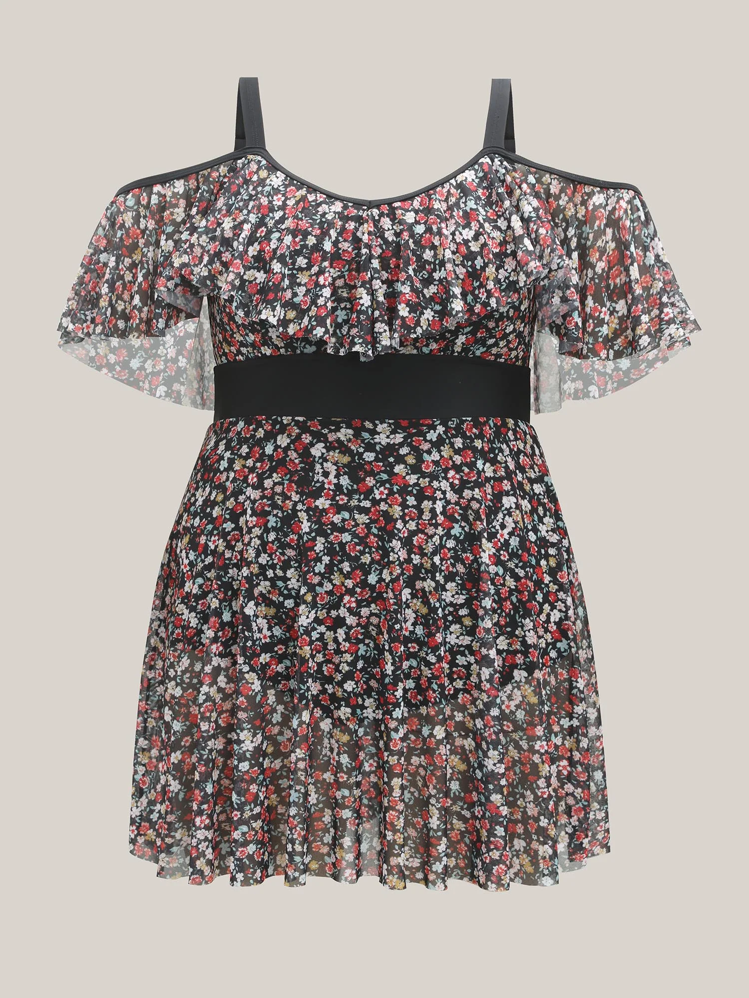 Floral Print Mesh Cold-Shoulder Swim Dress