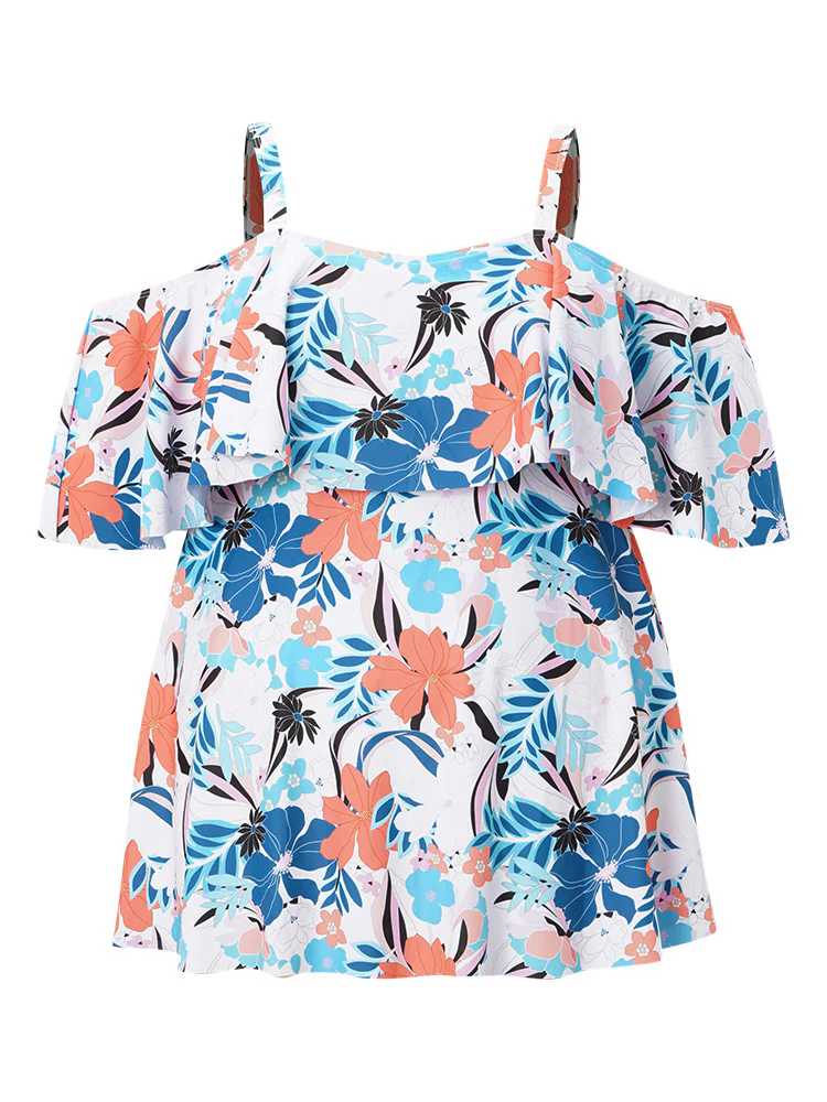 Tropical Adjustable Straps Cold Shoulder Ruffles Trim Swim Dress