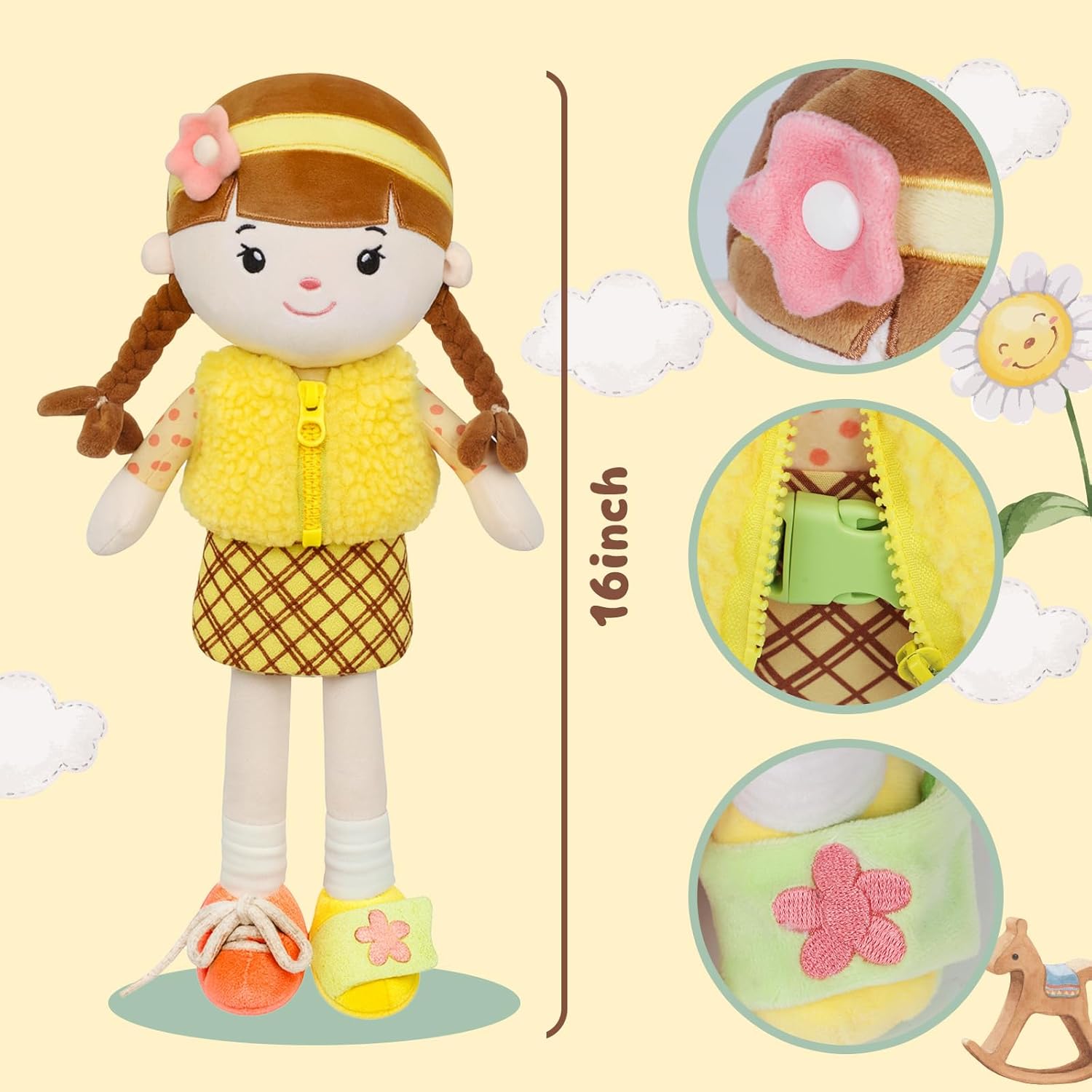 Soft Baby Doll Toys (16'') Educational Plush Doll for Girls Learning Sensory Montessori Toy Birthday Cuddly Plush Toys for Toddler Kids (Yellow)