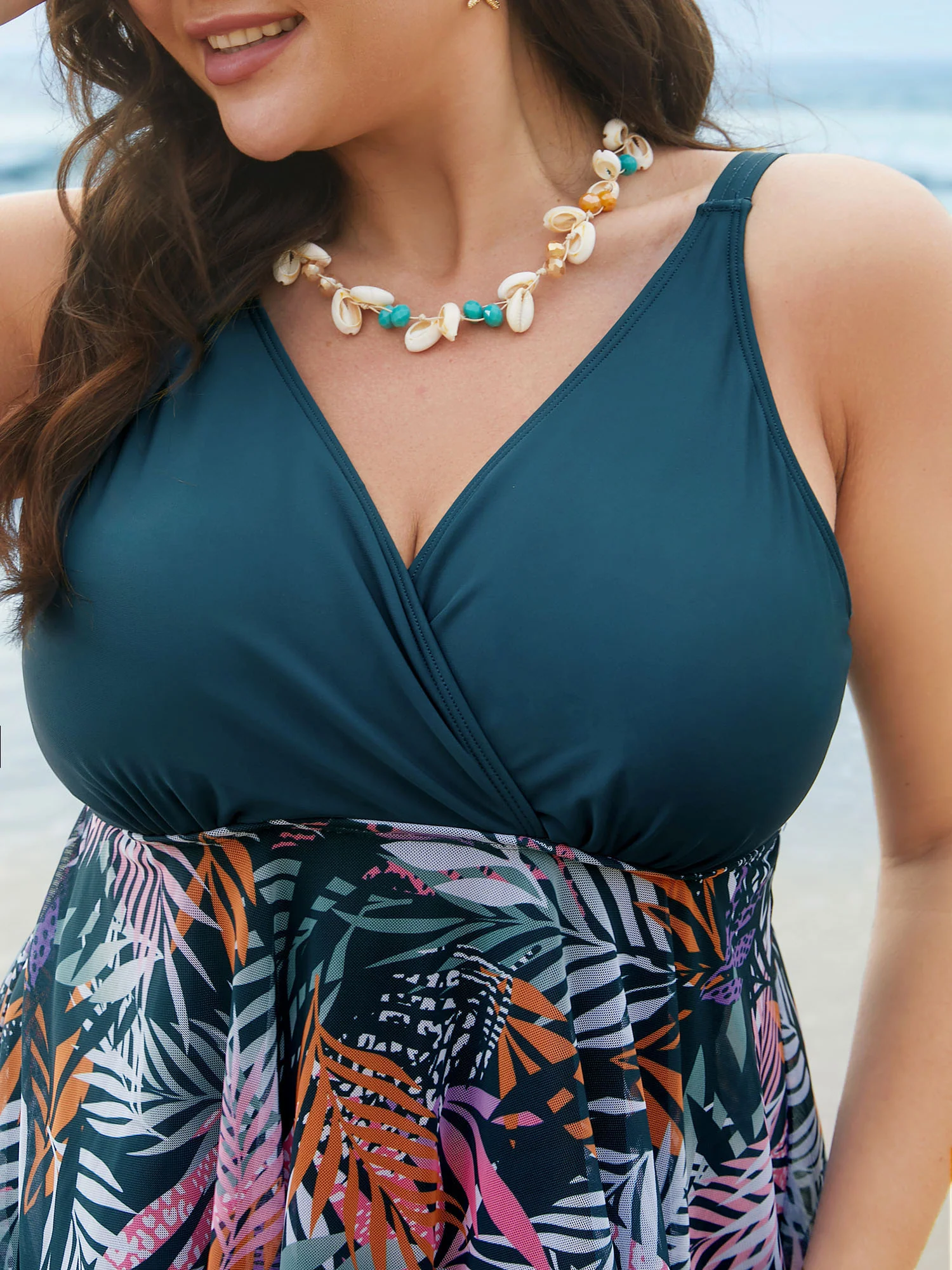 Tropical Leaf Print Mesh Flowy Swim Dress