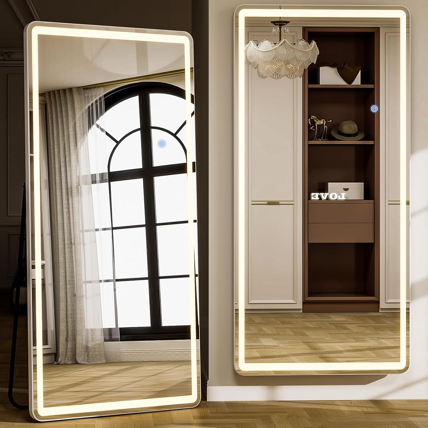 GLSLAND LED Full Length Mirror 71x32 inch Oversized Body Mirrors with Lights Wall Mounted Hanging Floor Standing Mirror for Bedroom, Living Room, Cloakroom, White