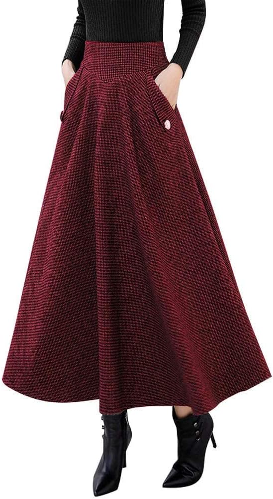 IDEALSANXUN Women’s Fall Winter High Waisted Wool Plaid A-line Long Skirt